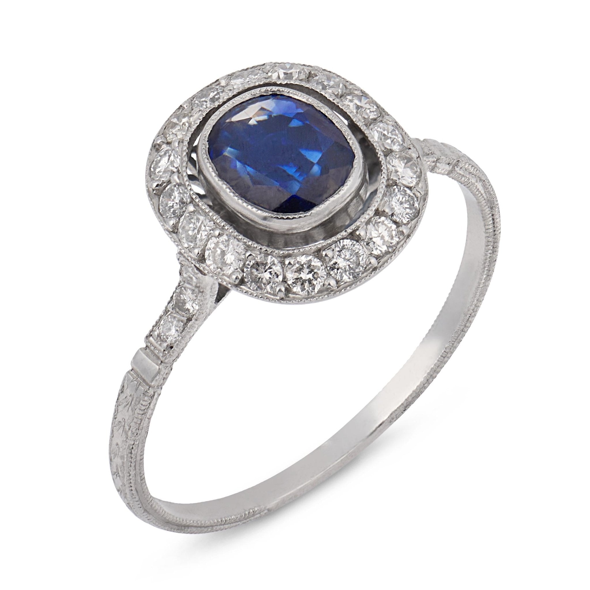 Art Deco inspired sapphire diamond cluster platinum ring