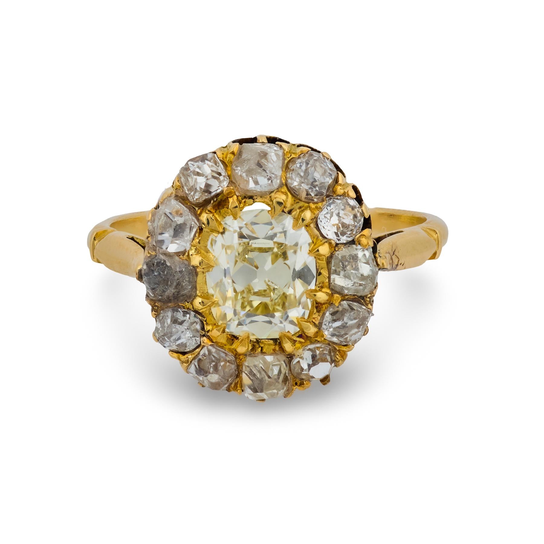 French Victorian GIA 1.20 carat cushion cut 18k yellow gold cluster ring