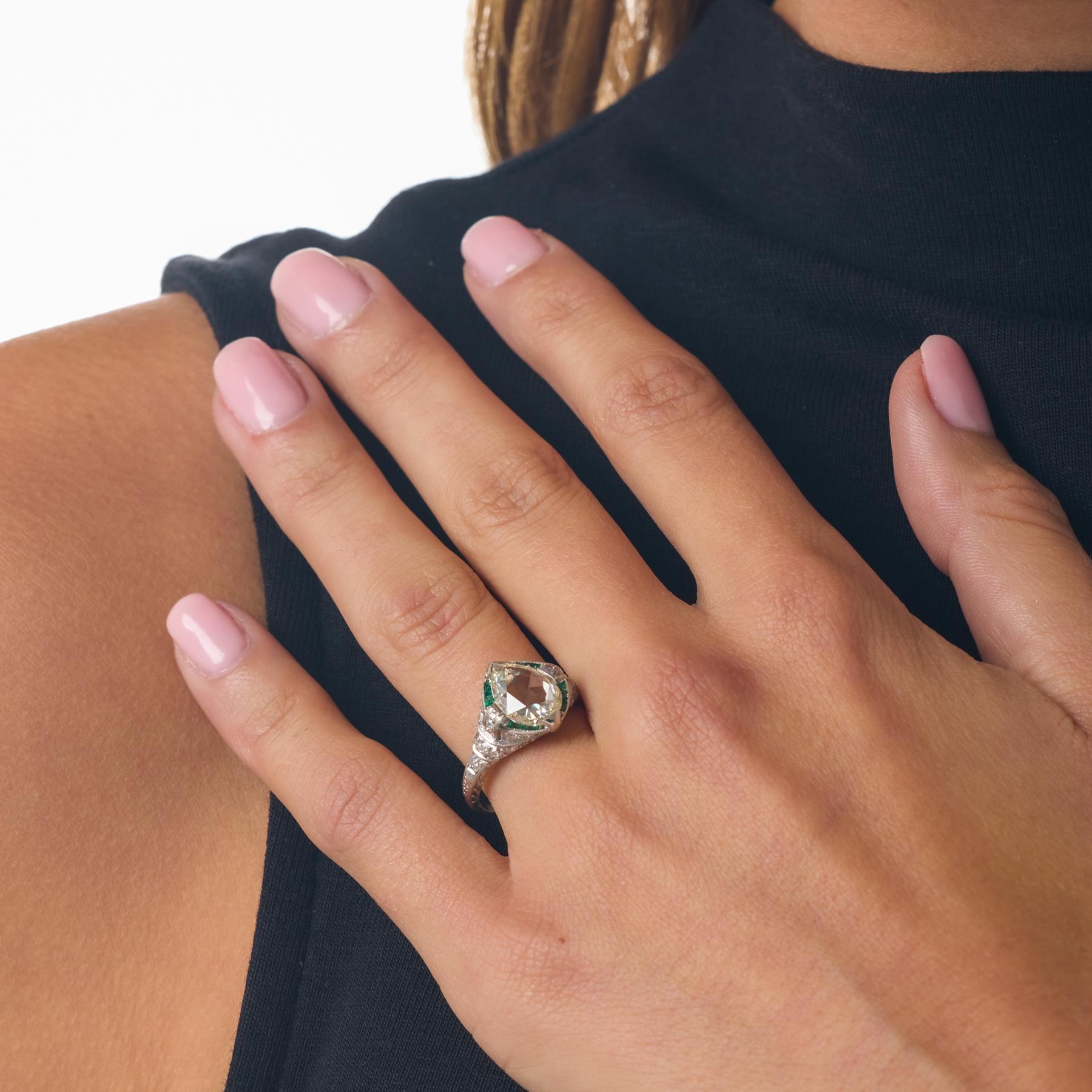 Art Deco GIA 1.90 carat diamond emerald platinum engagement ring
