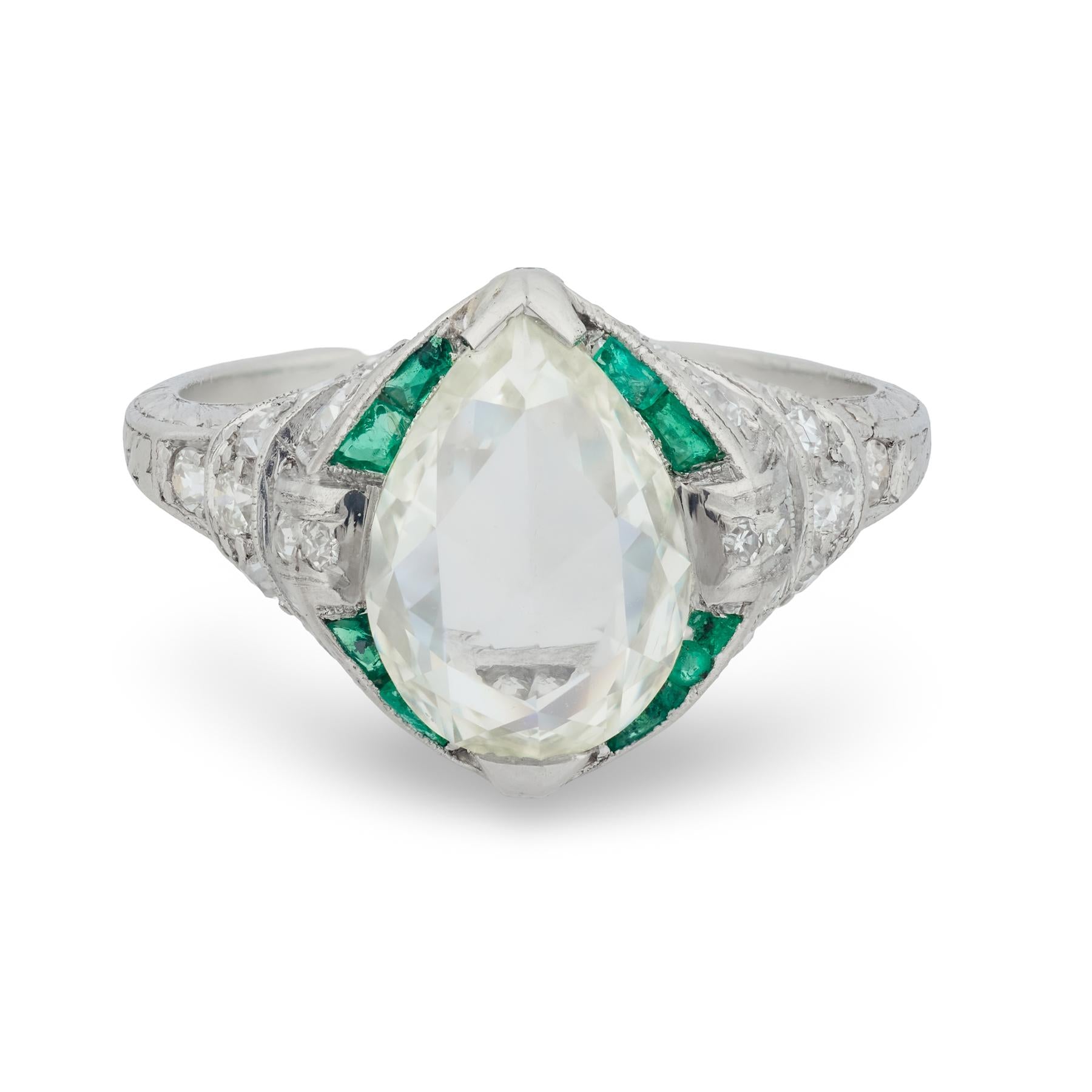 Art Deco GIA 1.90 carat diamond emerald platinum engagement ring