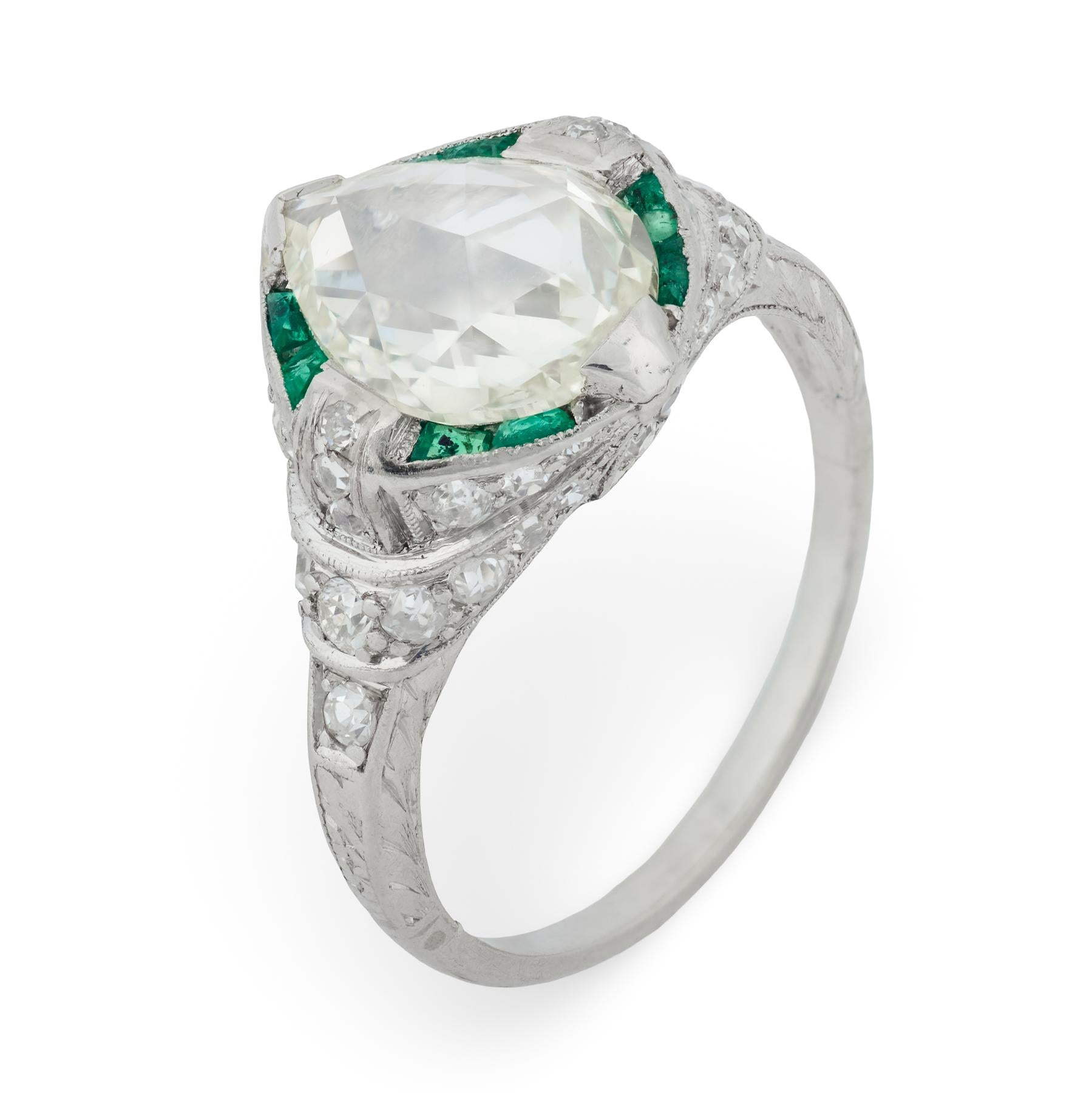 Art Deco GIA 1.90 carat diamond emerald platinum engagement ring