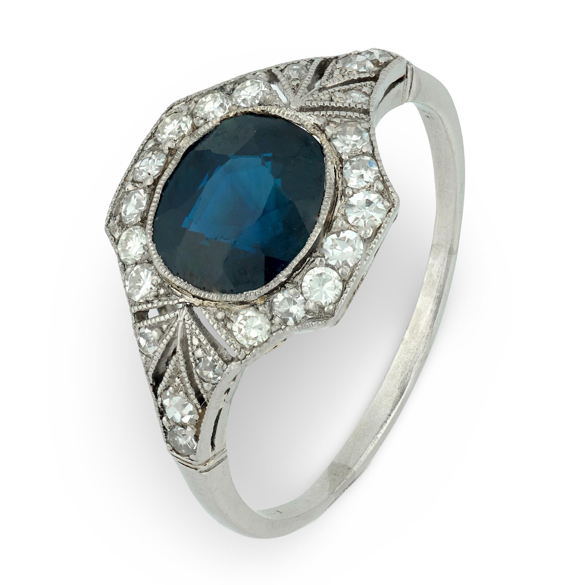 Late Art Deco GIA 2.00 carat sapphire diamond platinum ring