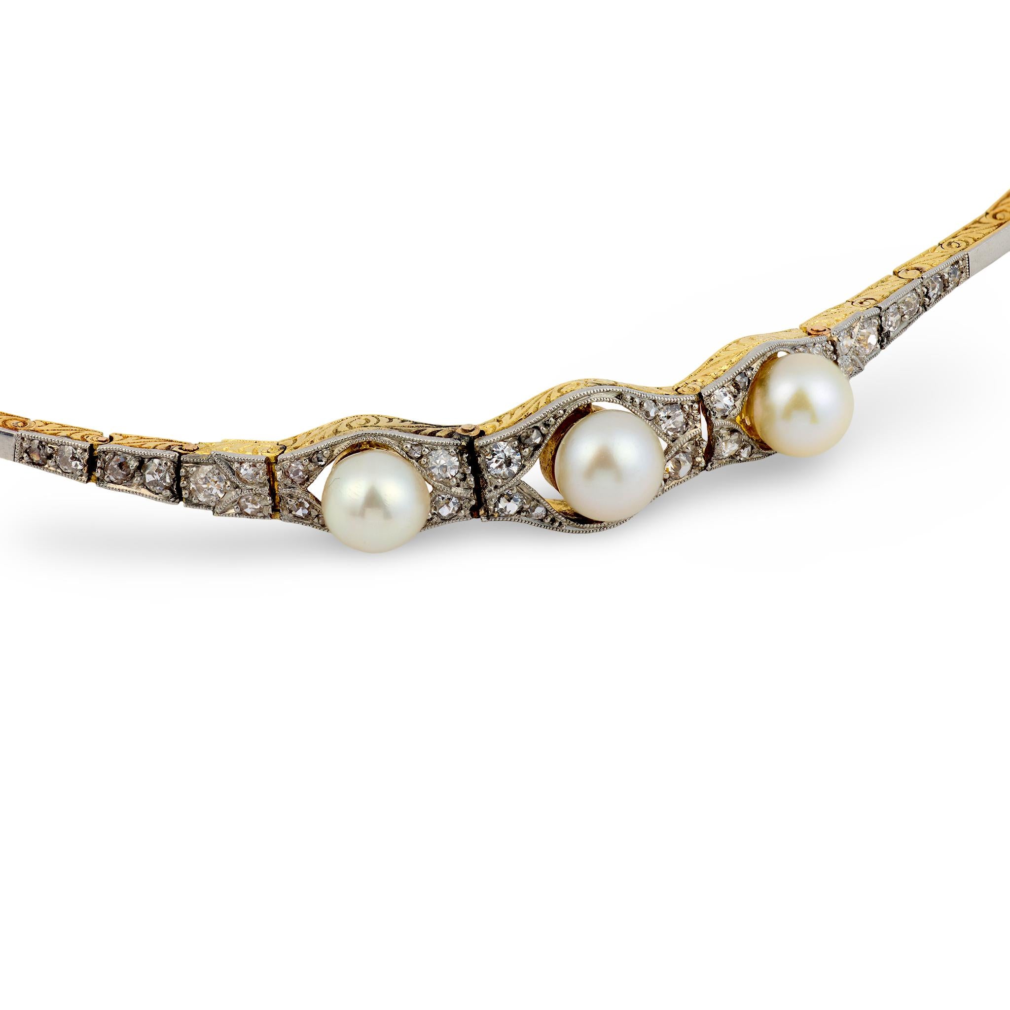 Victorian pearl diamond 18k yellow gold and platinum bracelet
