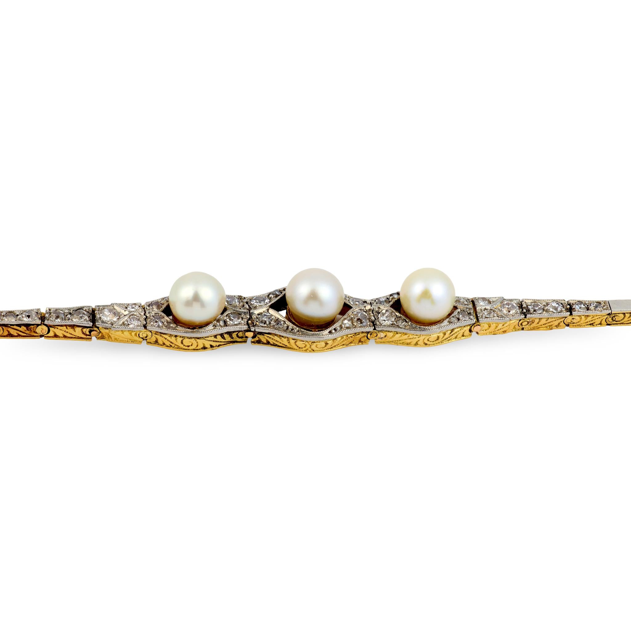 Victorian pearl diamond 18k yellow gold and platinum bracelet