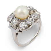 Art Deco GIA natural pearl Old European cut diamond platinum ring