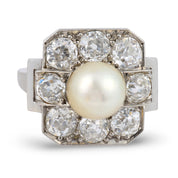 Art Deco GIA natural pearl Old European cut diamond platinum ring