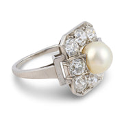 Art Deco GIA natural pearl Old European cut diamond platinum ring