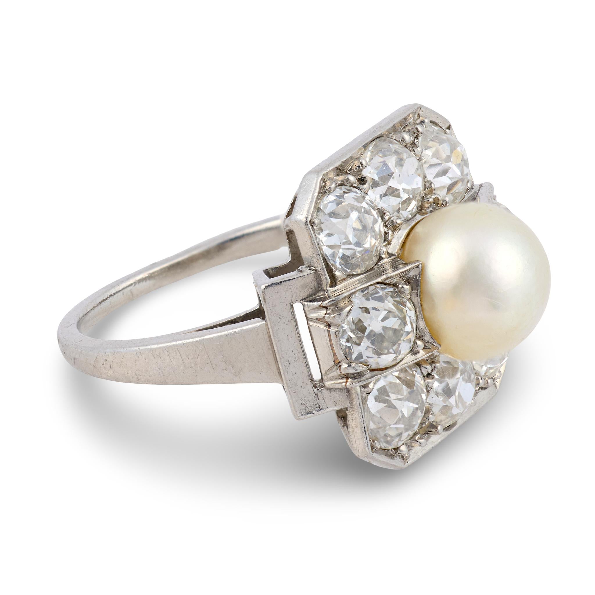 Art Deco GIA natural pearl Old European cut diamond platinum ring