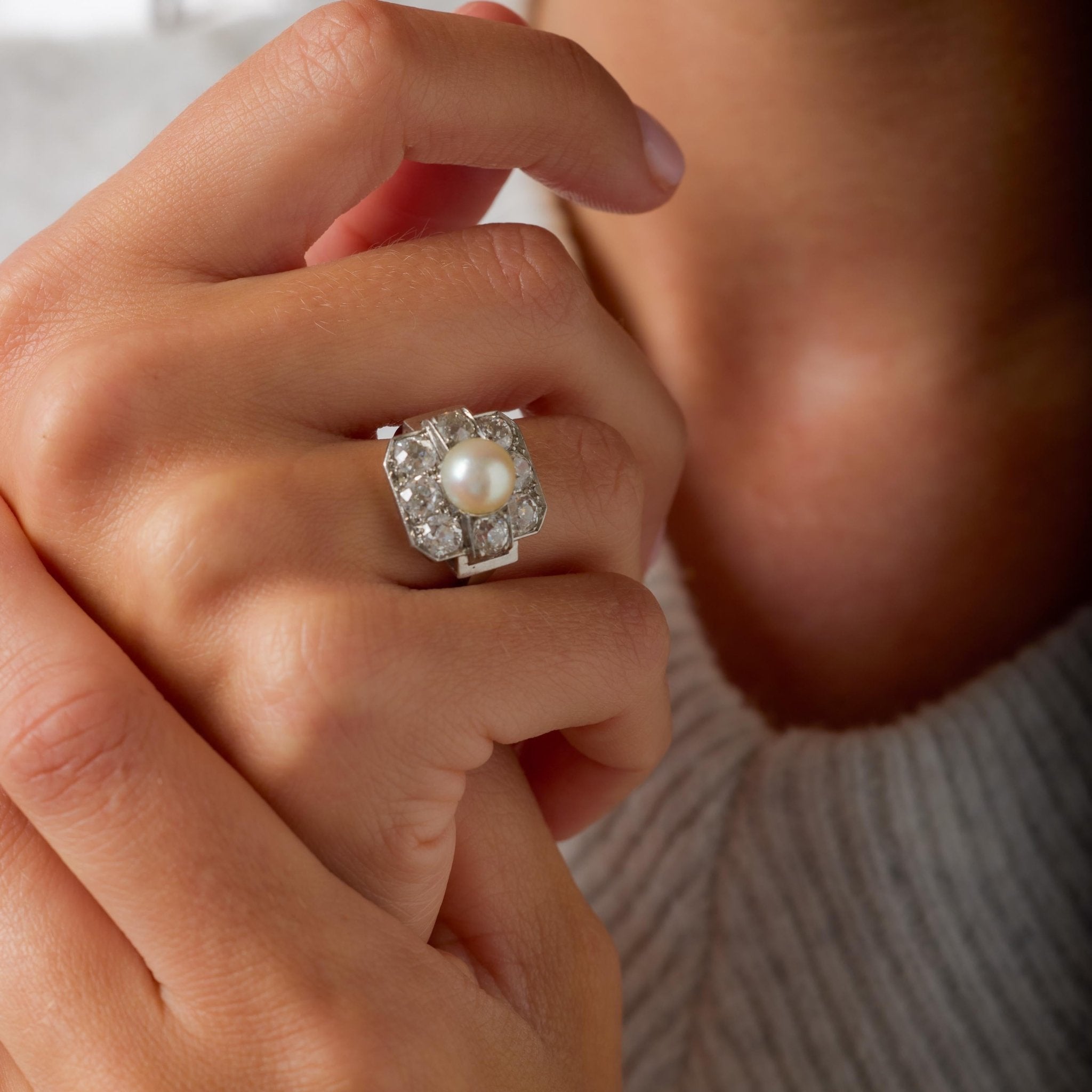 Art Deco GIA natural pearl Old European cut diamond platinum ring