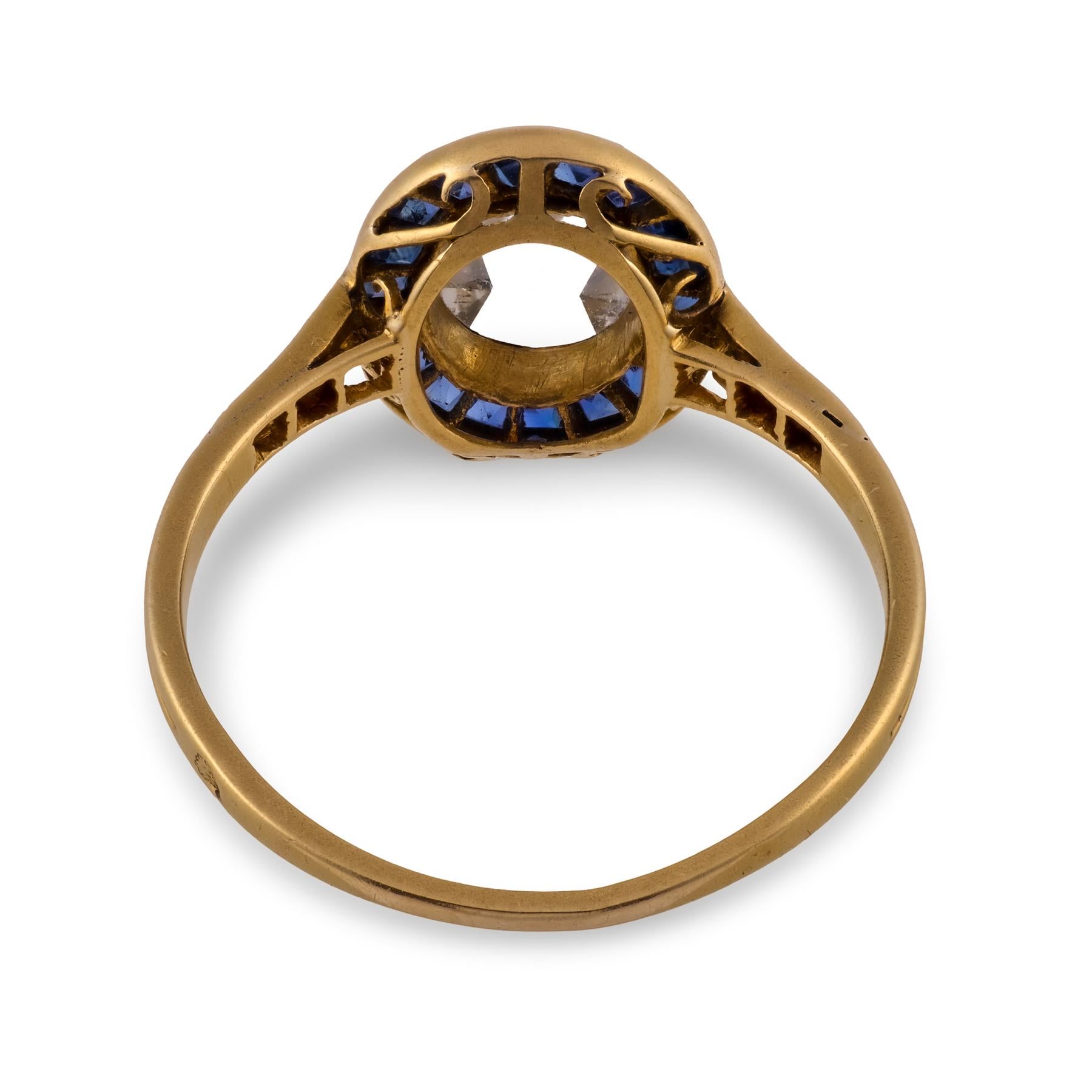 French Belle Époque rose cut diamond sapphire 18k yellow gold engagement ring