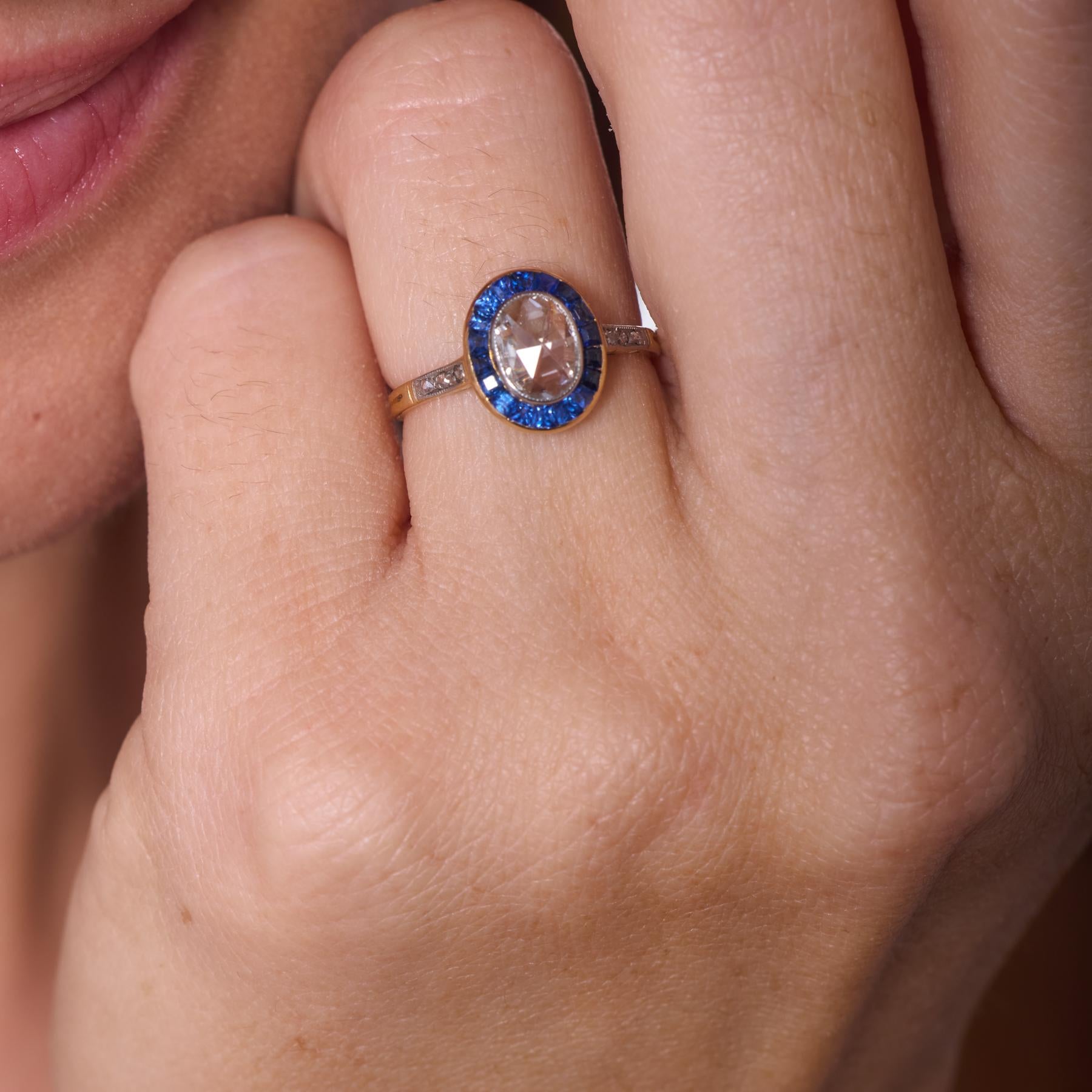 French Belle Époque rose cut diamond sapphire 18k yellow gold engagement ring