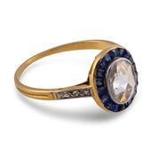 French Belle Époque rose cut diamond sapphire 18k yellow gold engagement ring