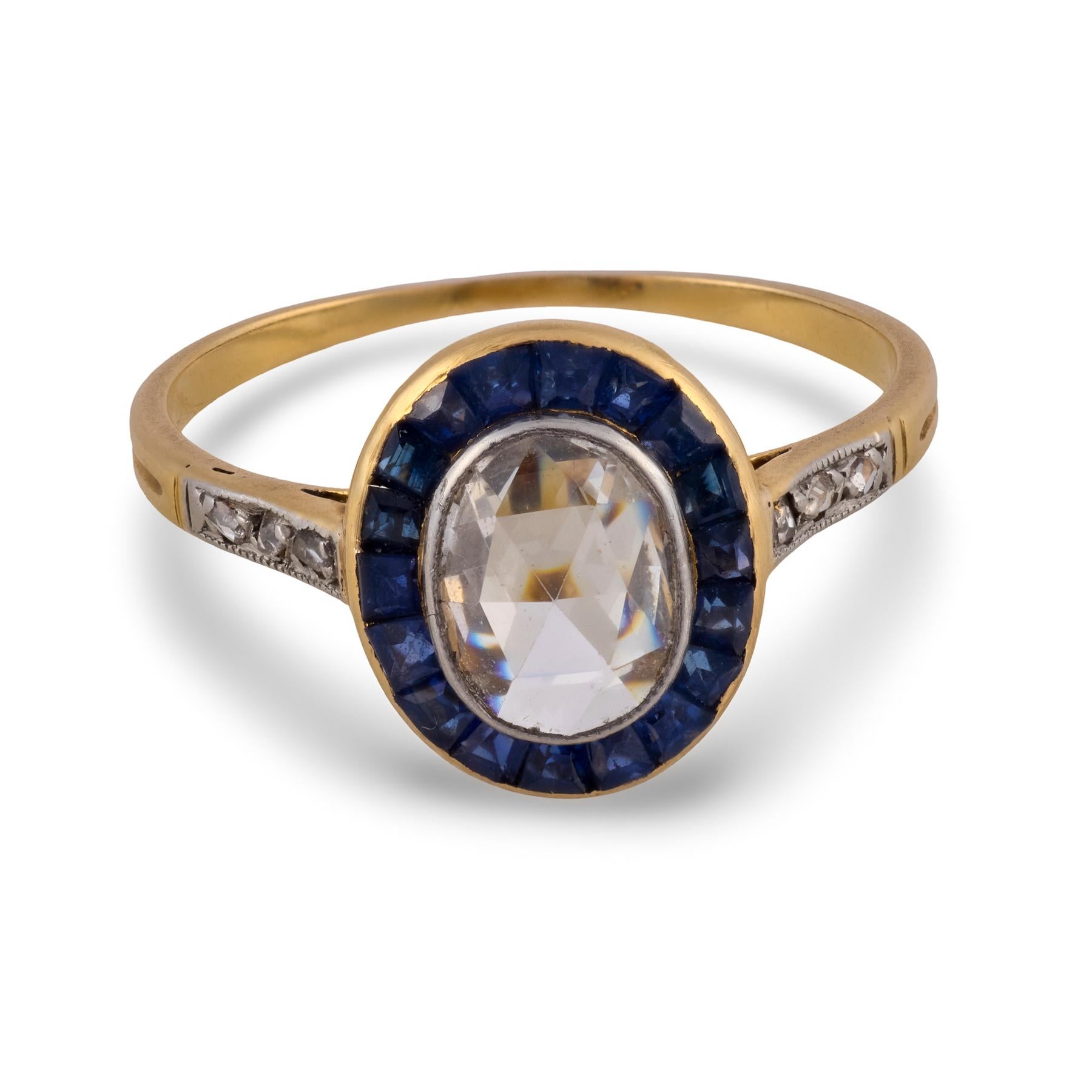 French Belle Époque rose cut diamond sapphire 18k yellow gold engagement ring