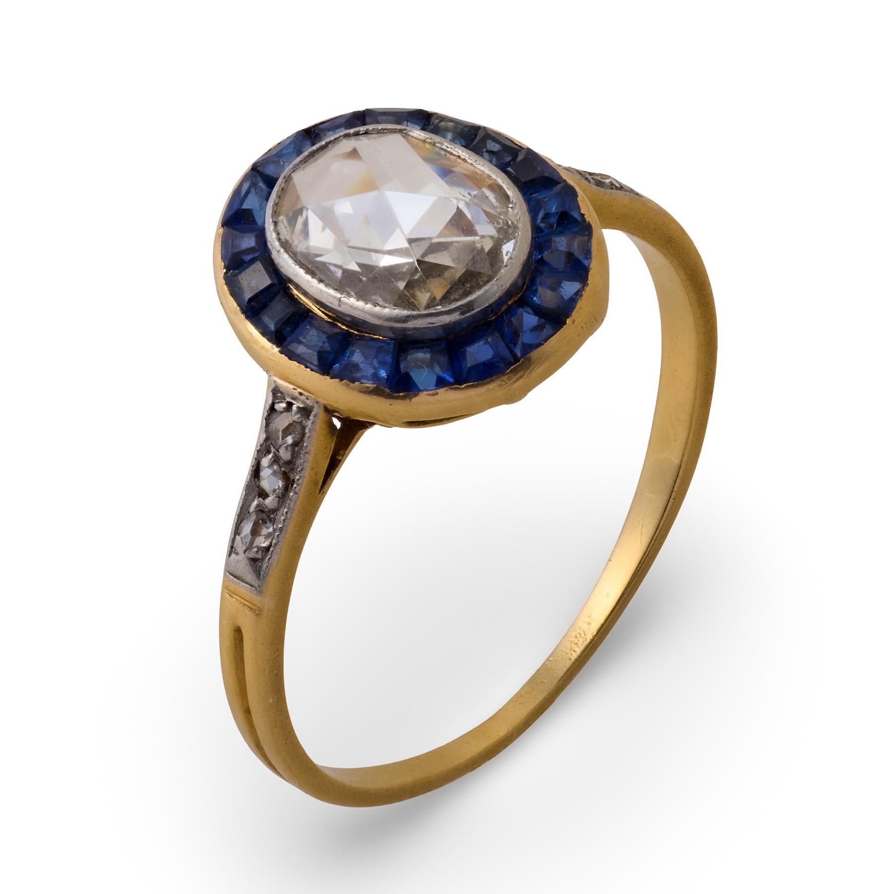 French Belle Époque rose cut diamond sapphire 18k yellow gold engagement ring