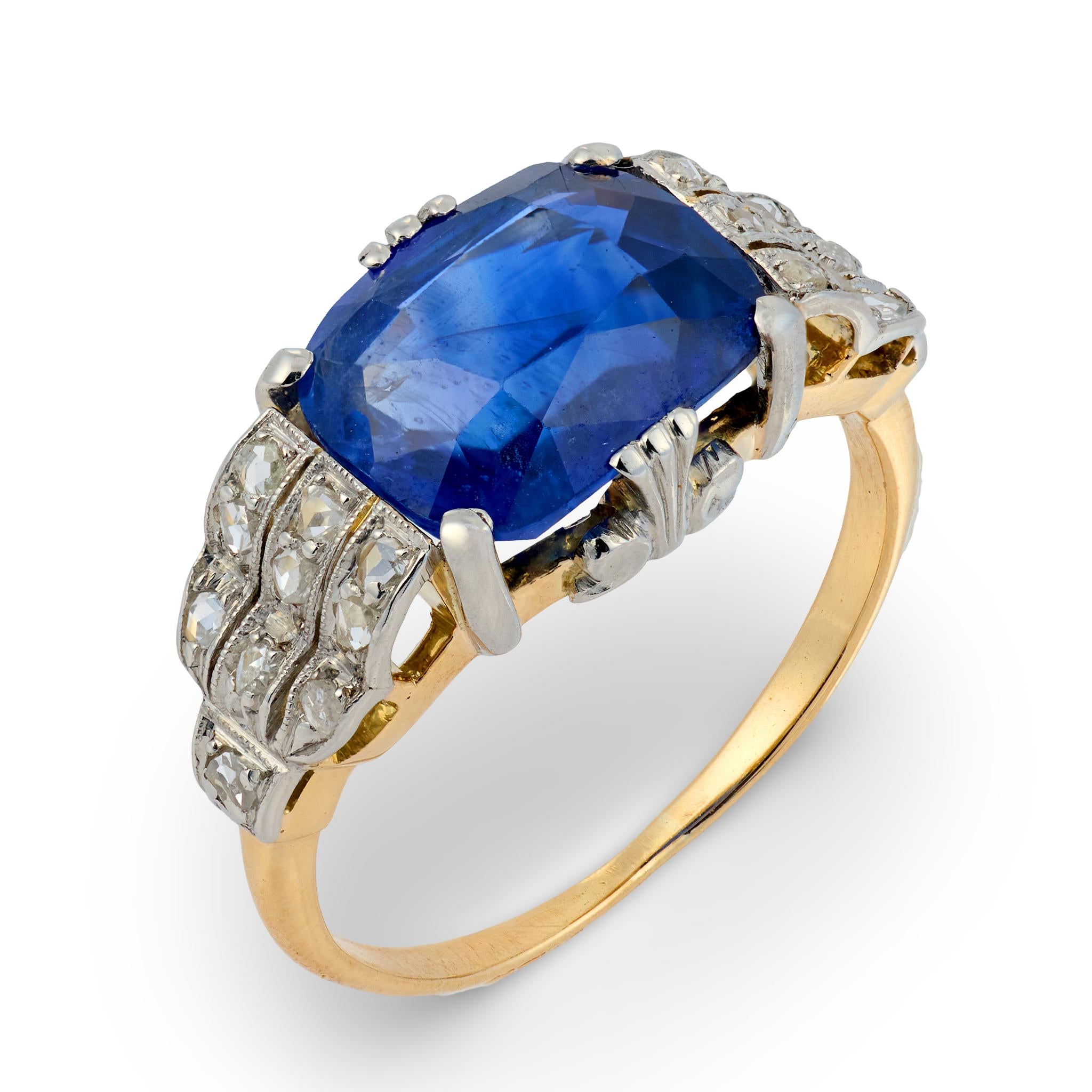 Edwardian GIA 3.96 carat Ceylon sapphire diamond 18k yellow gold ring