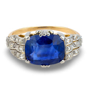 Edwardian GIA 3.96 carat Ceylon sapphire diamond 18k yellow gold ring