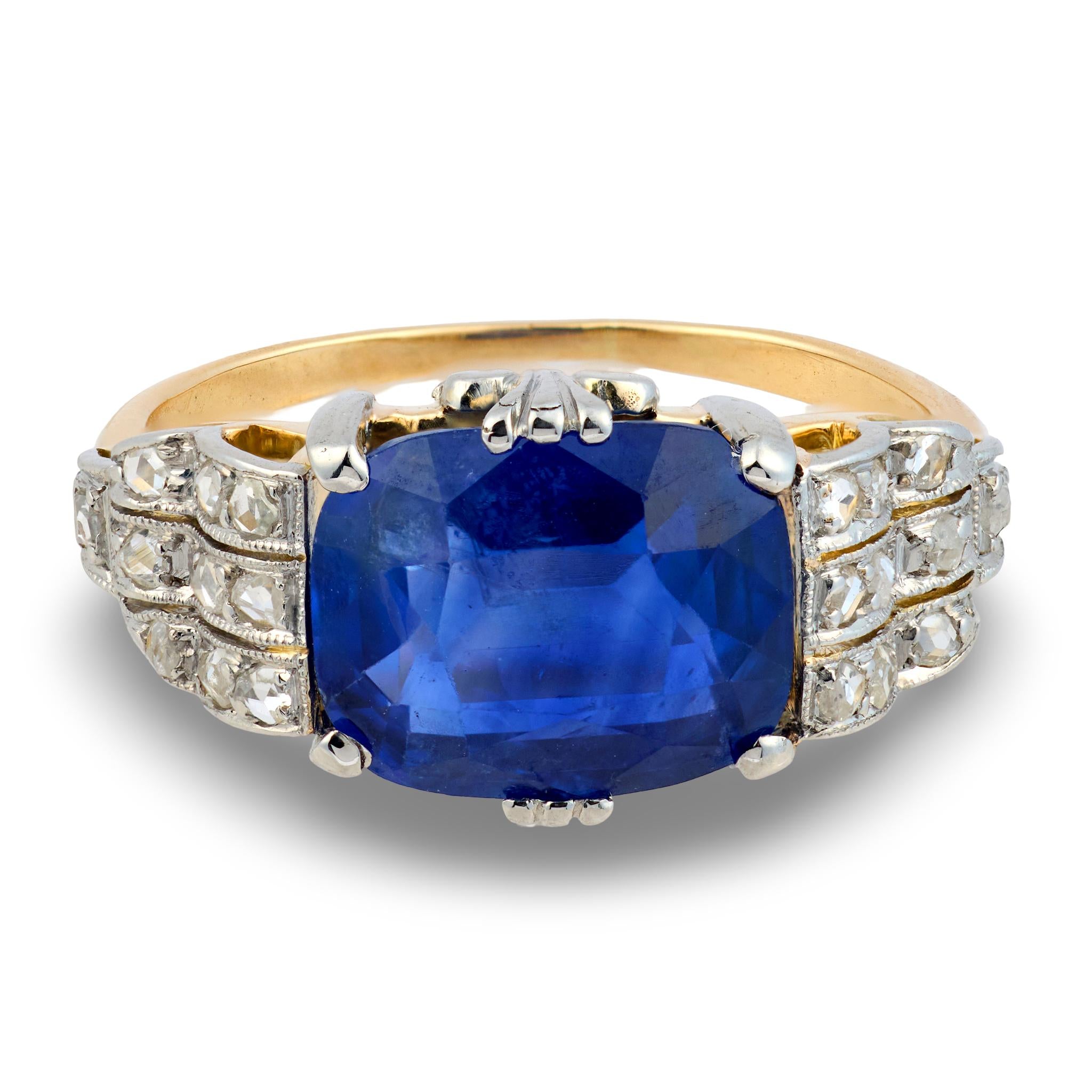Edwardian GIA 3.96 carat Ceylon sapphire diamond 18k yellow gold ring