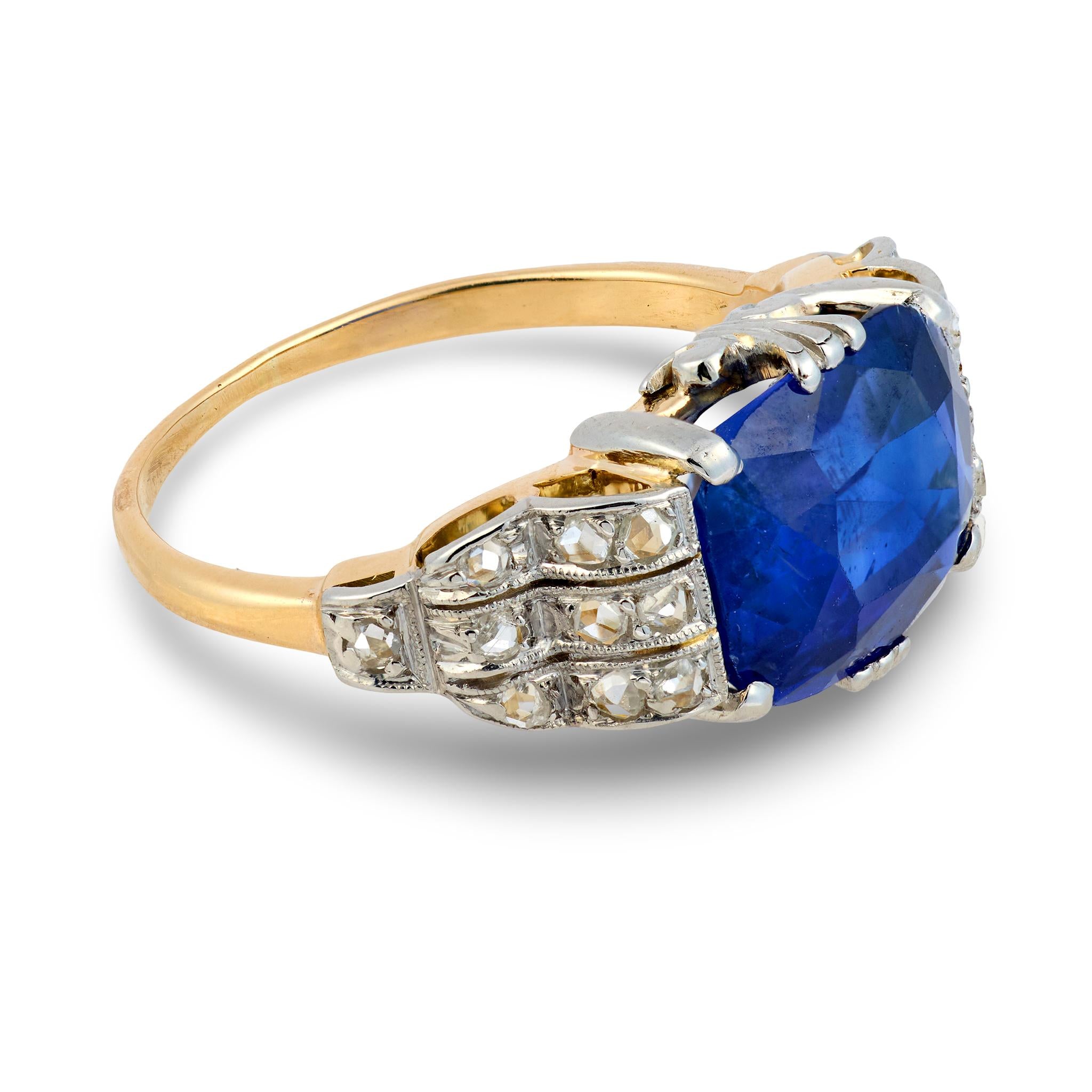 Edwardian GIA 3.96 carat Ceylon sapphire diamond 18k yellow gold ring
