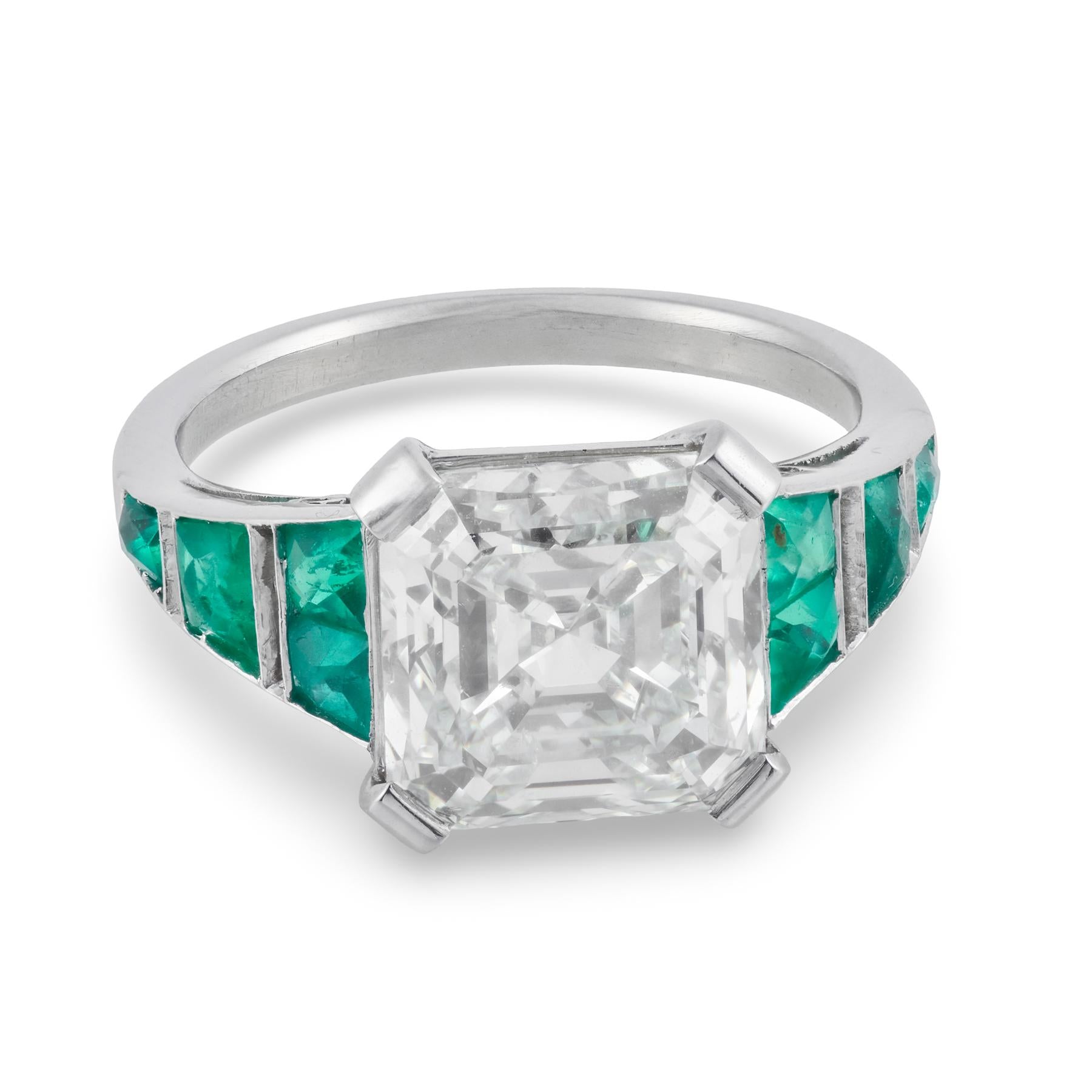 GIA 5.01 carat Asscher cut diamond emerald platinum engagement ring