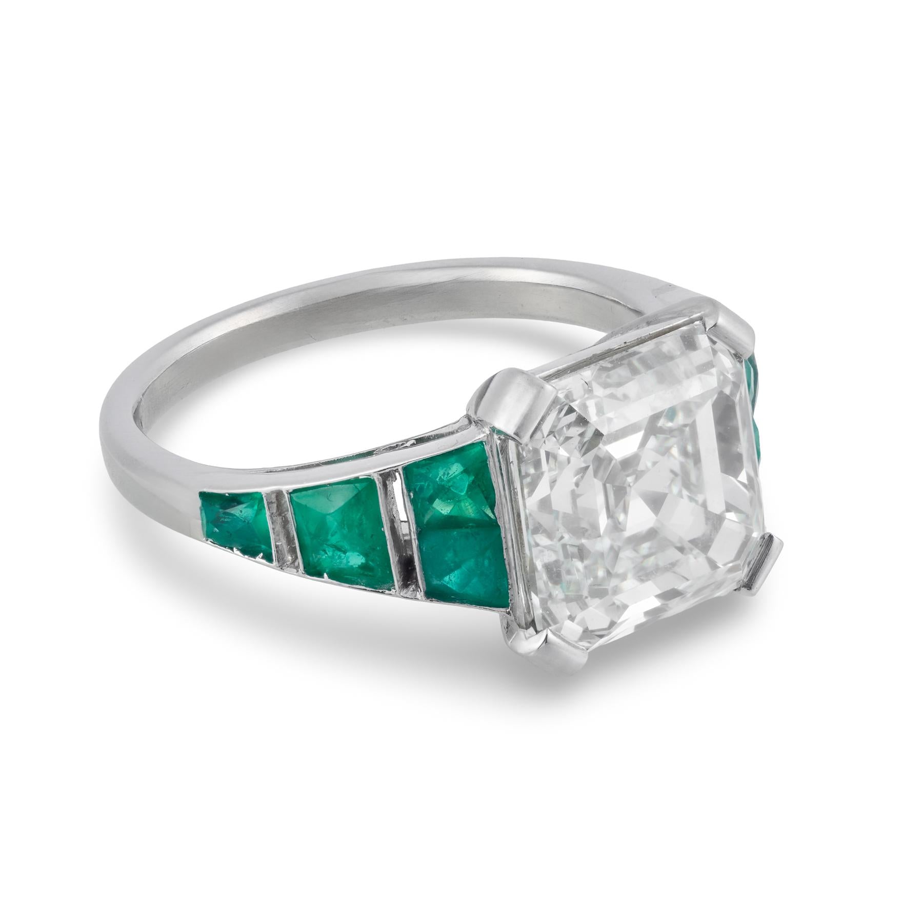 GIA 5.01 carat Asscher cut diamond emerald platinum engagement ring