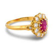 Vintage French ruby diamond 18k yellow gold cluster ring