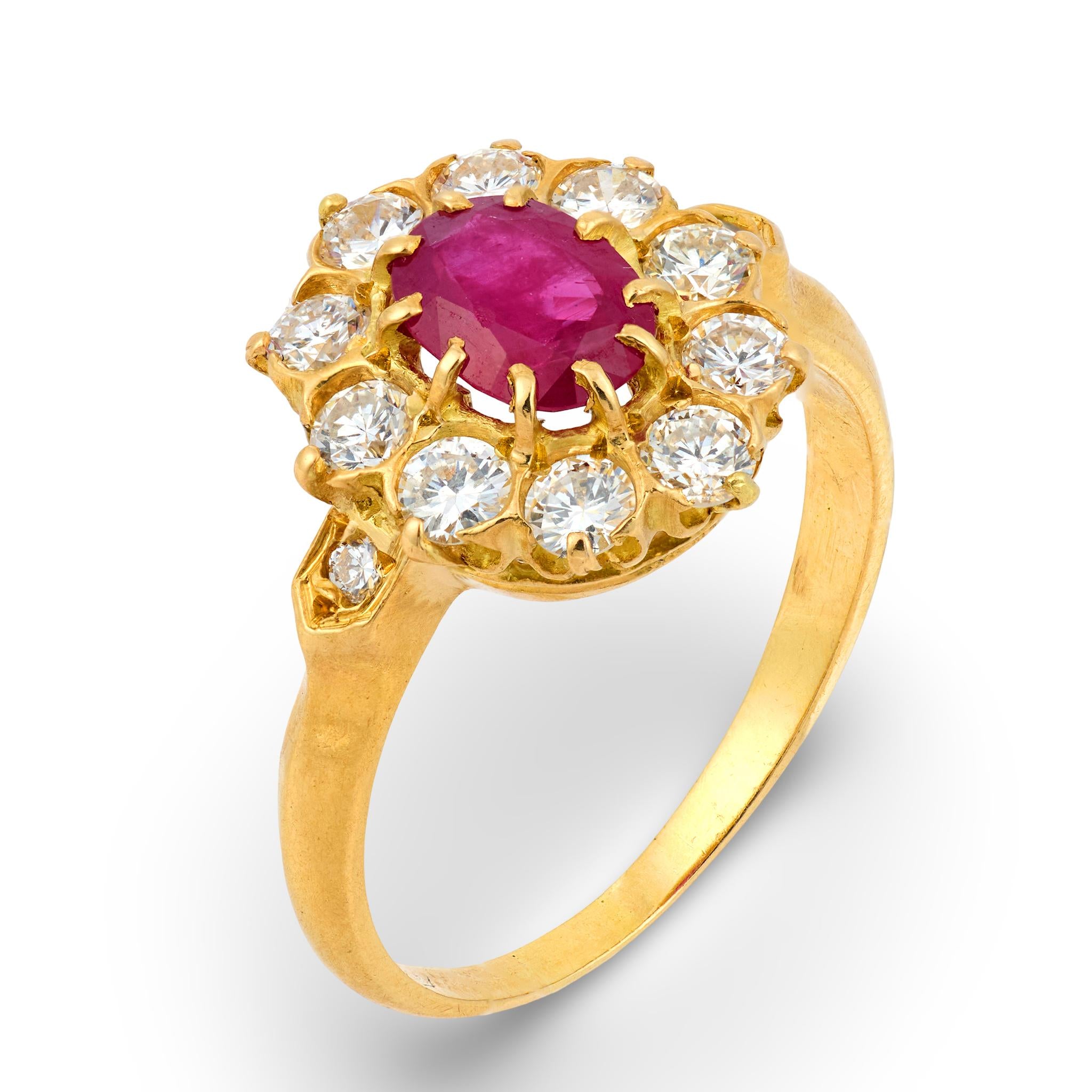 Vintage French ruby diamond 18k yellow gold cluster ring