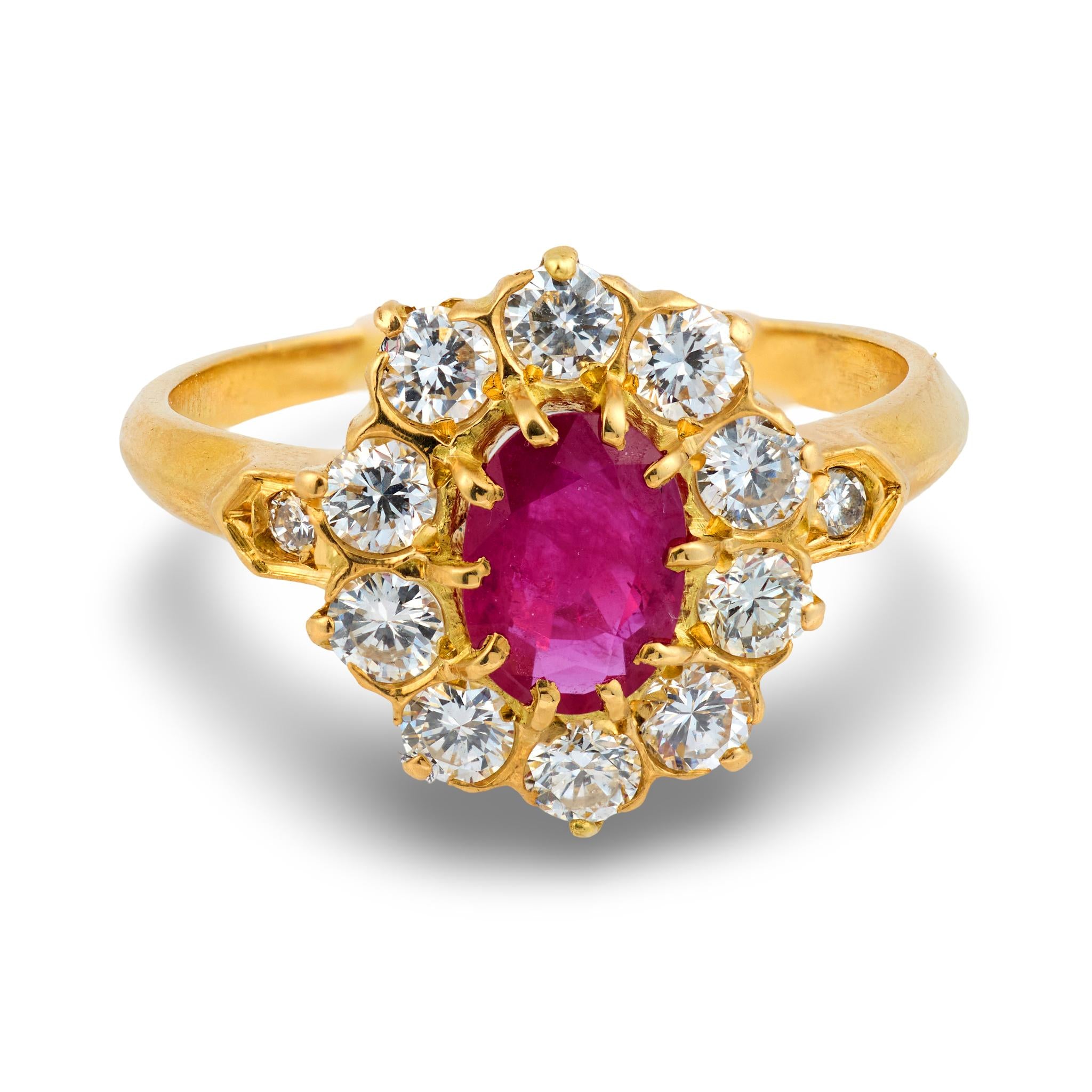 Vintage French ruby diamond 18k yellow gold cluster ring