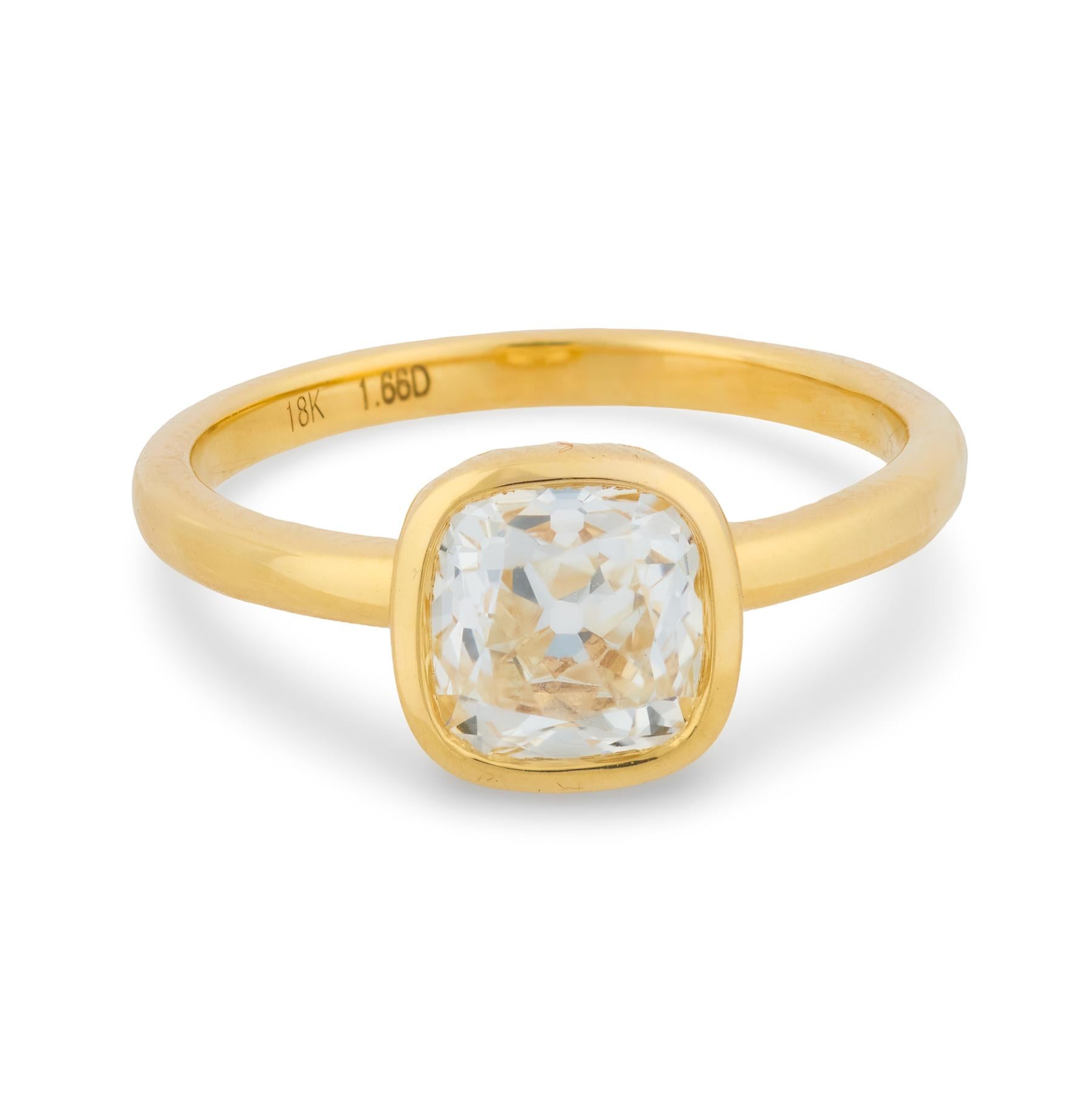 GIA 1.66 carat old mine cut diamond 18k yellow gold engagement ring