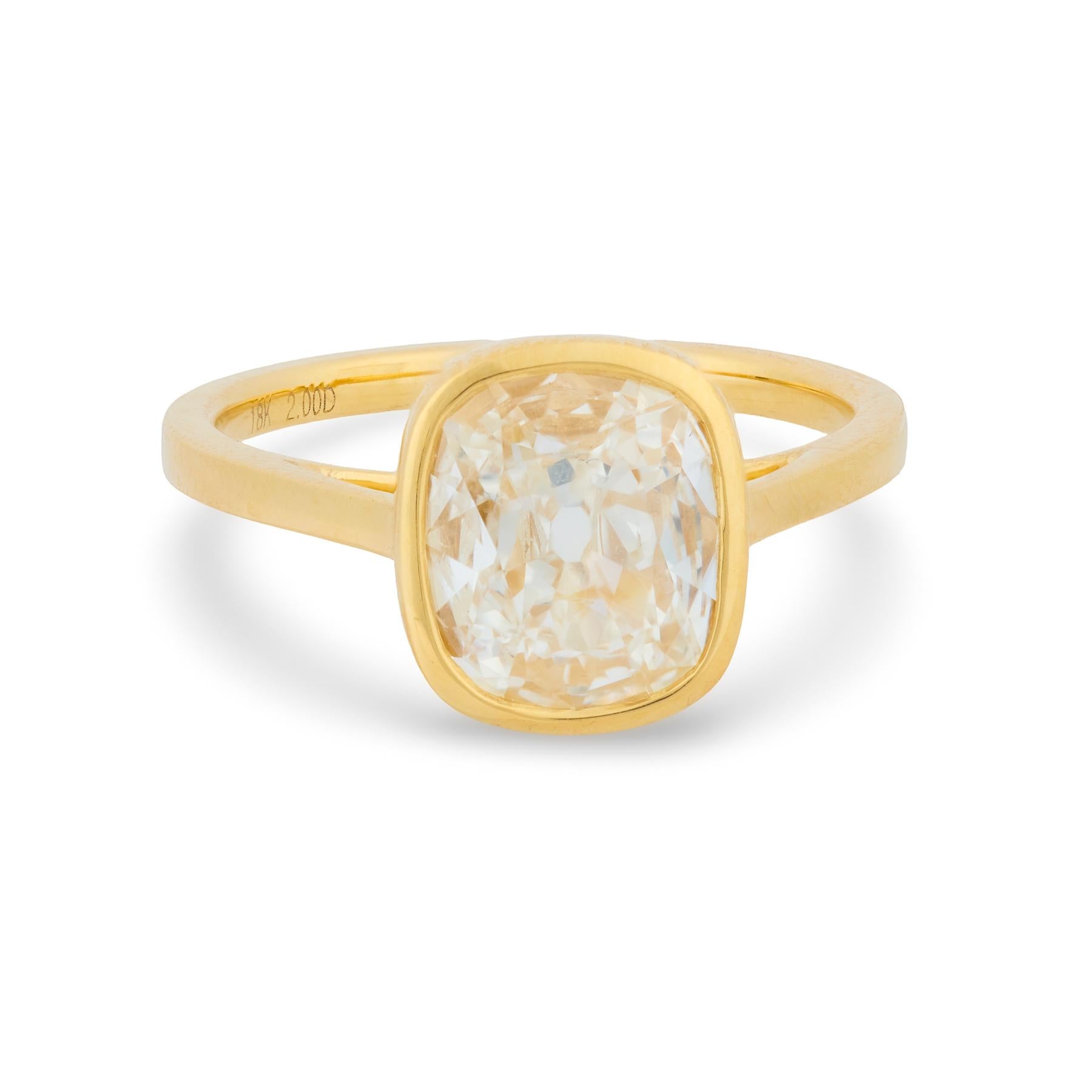 GIA 2.00 carat old mine cut diamond 18k yellow gold engagement ring