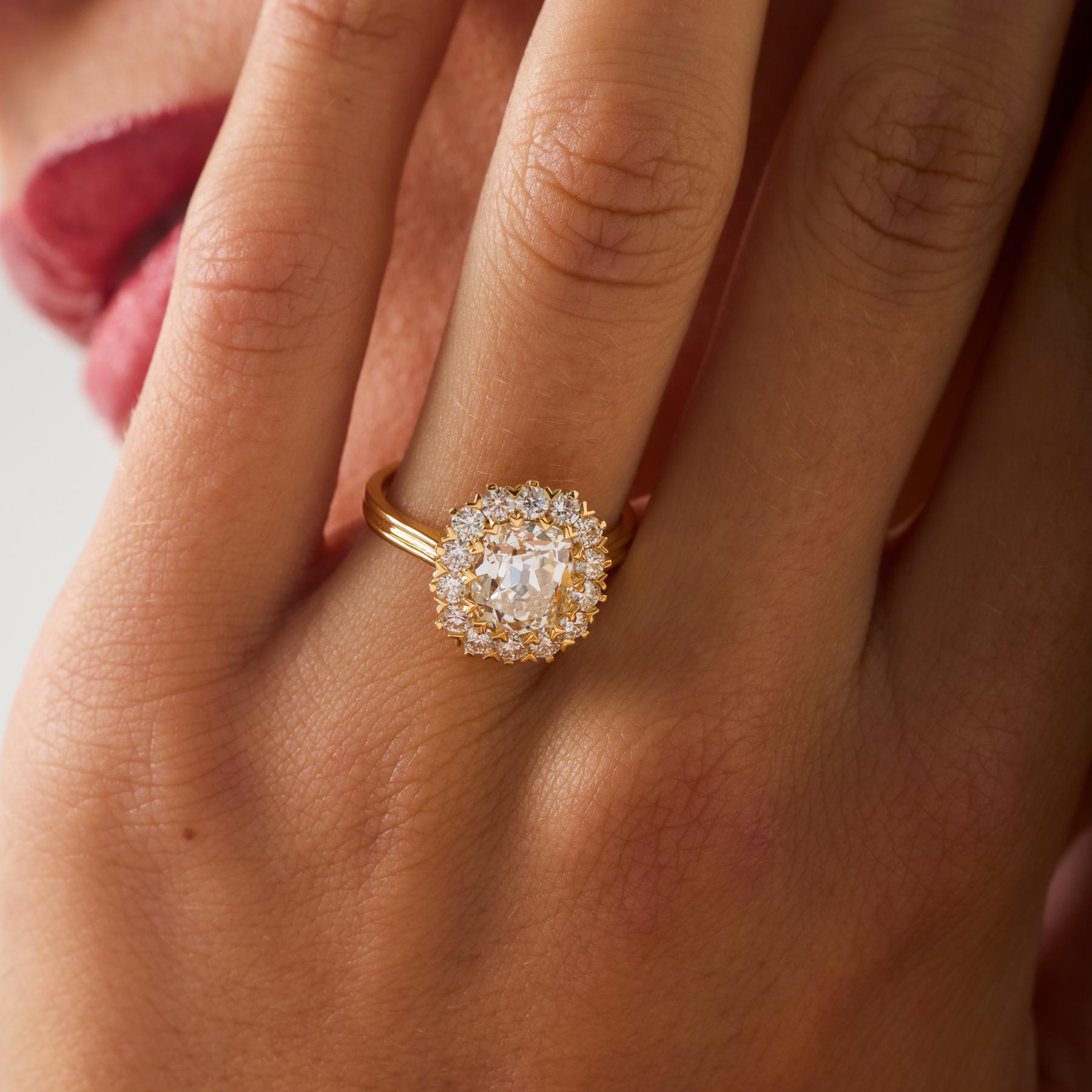 GIA 2.06 carat old mine cut diamond 18k yellow gold engagement ring