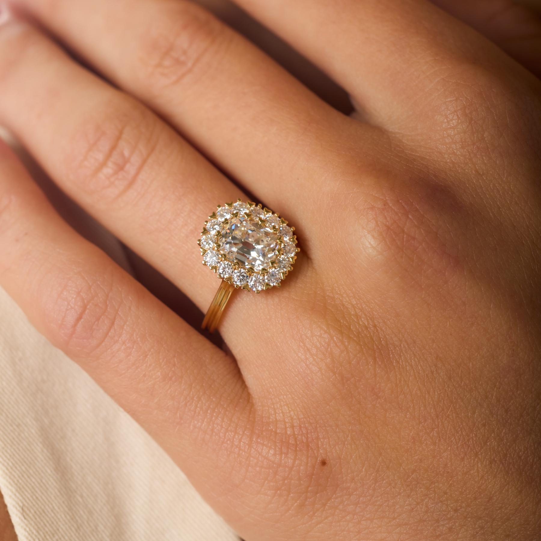 GIA 2.00 carat old mine cut diamond 18k yellow gold engagement ring