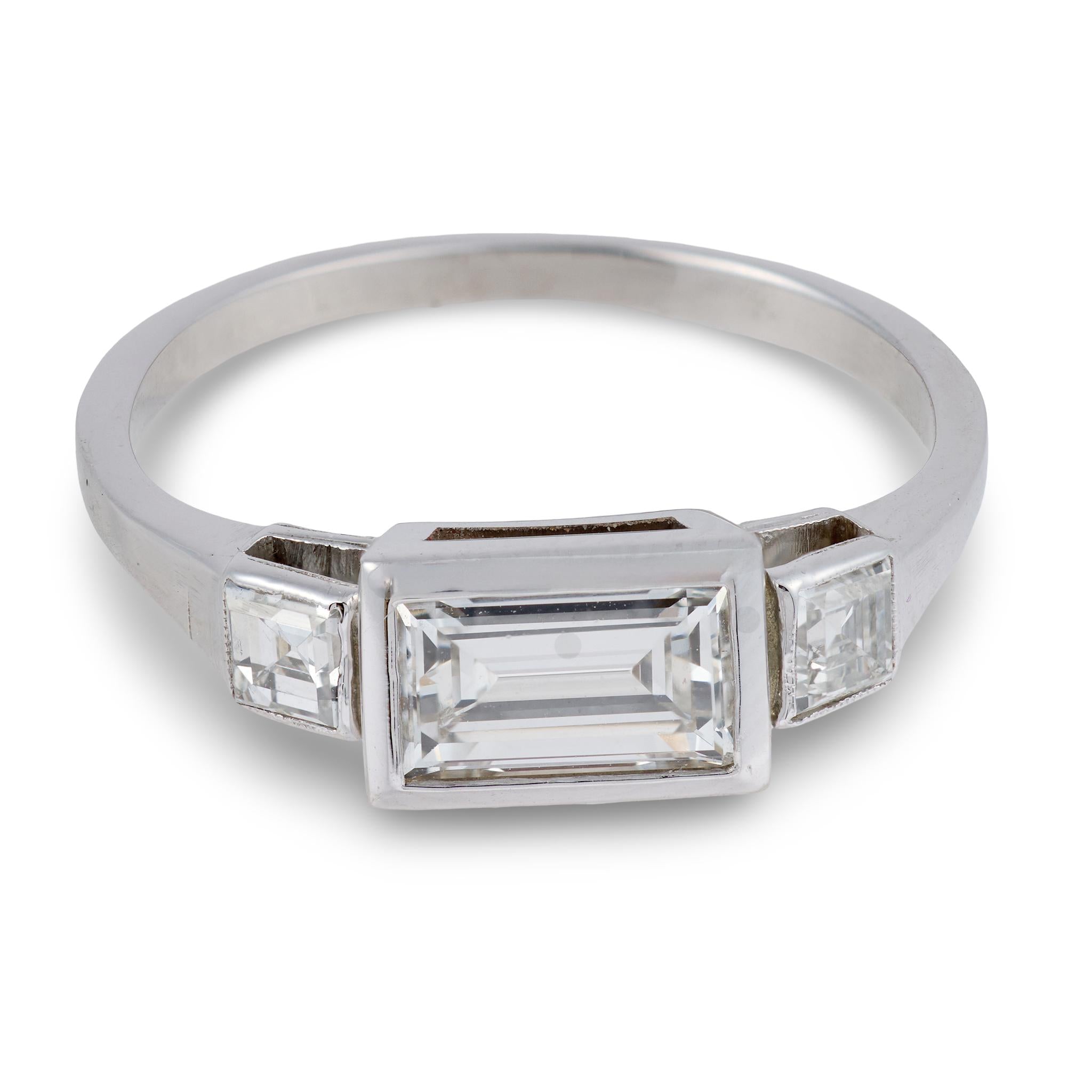 Vintage 1.00 carat baguette cut diamond platinum engagement ring
