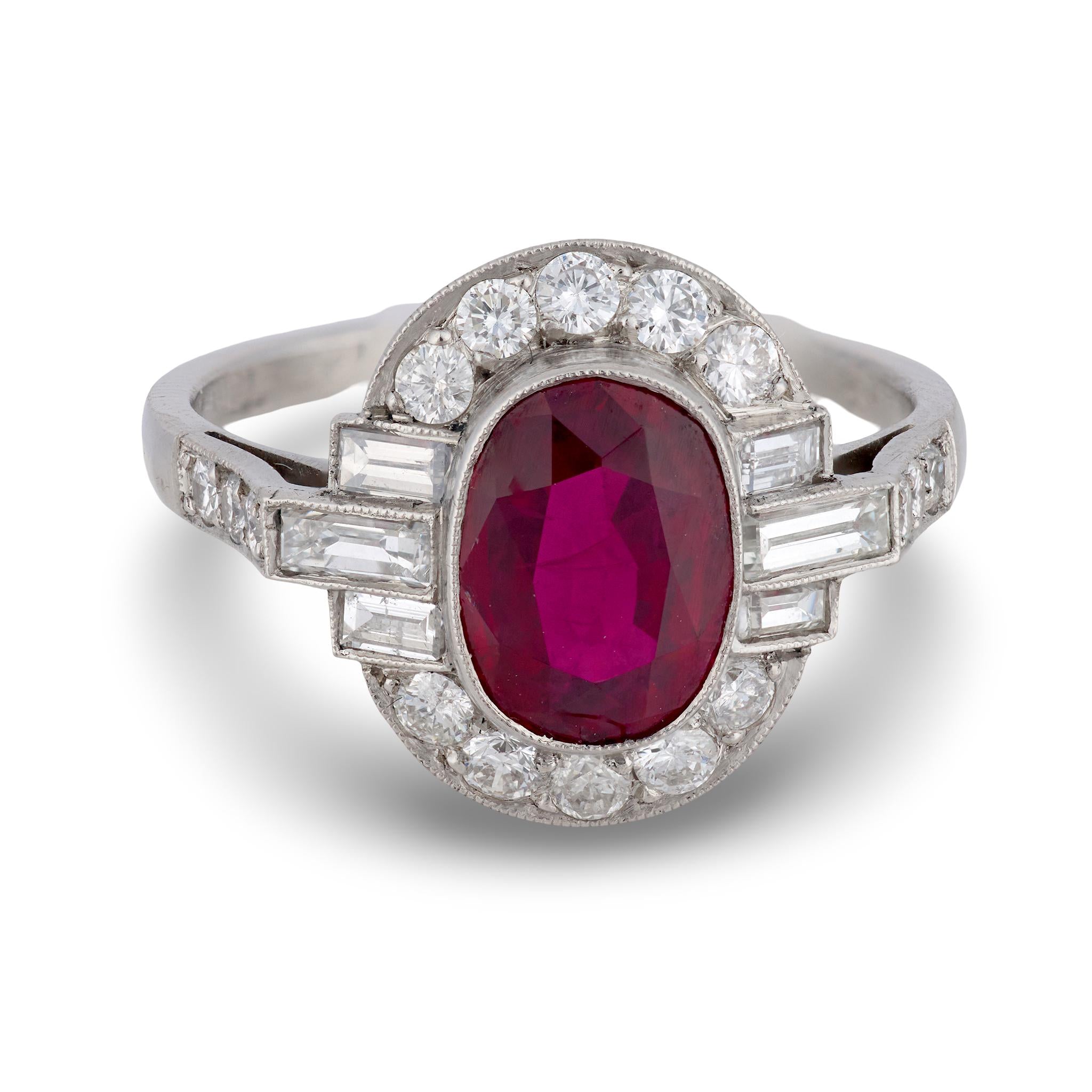 GIA 1.95 carat oval cut ruby diamond platinum ring