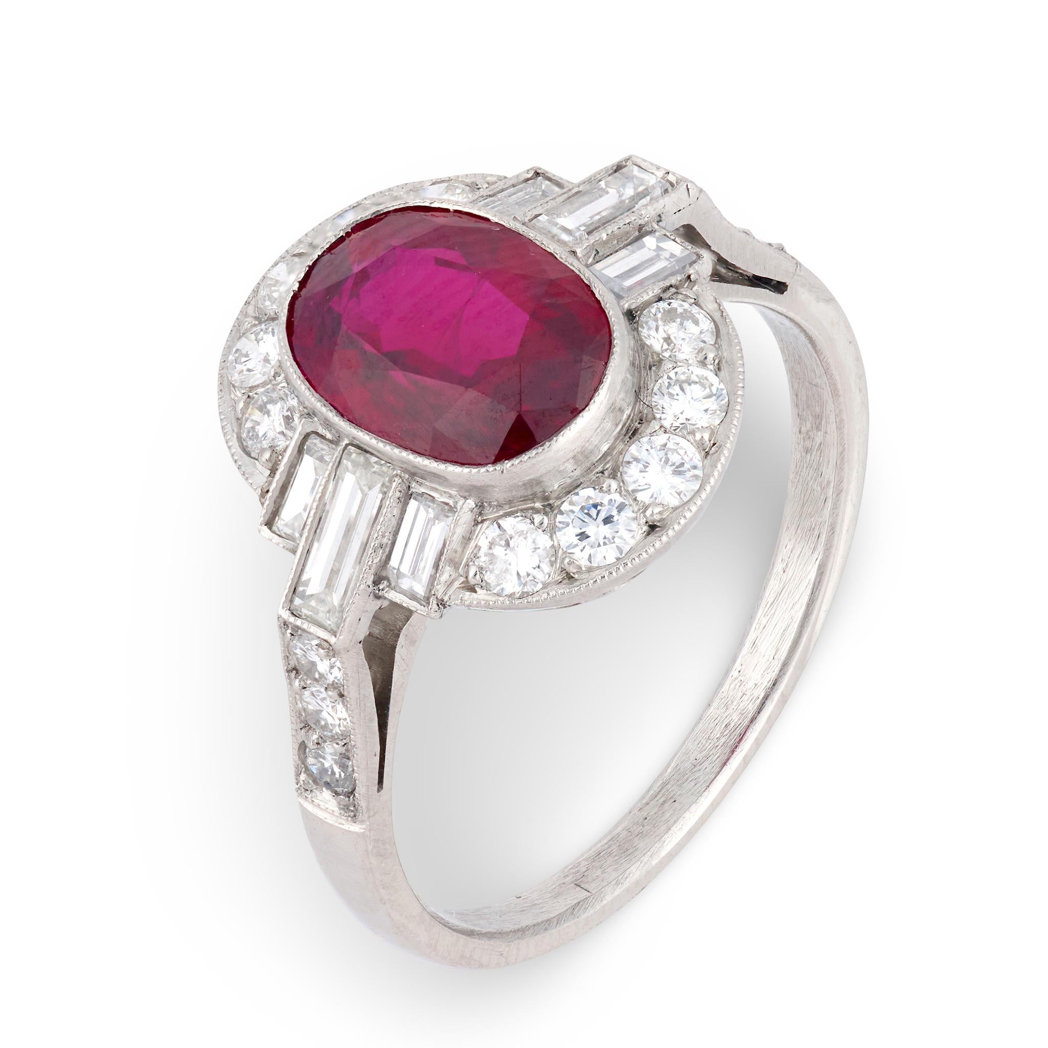 GIA 1.95 carat oval cut ruby diamond platinum ring
