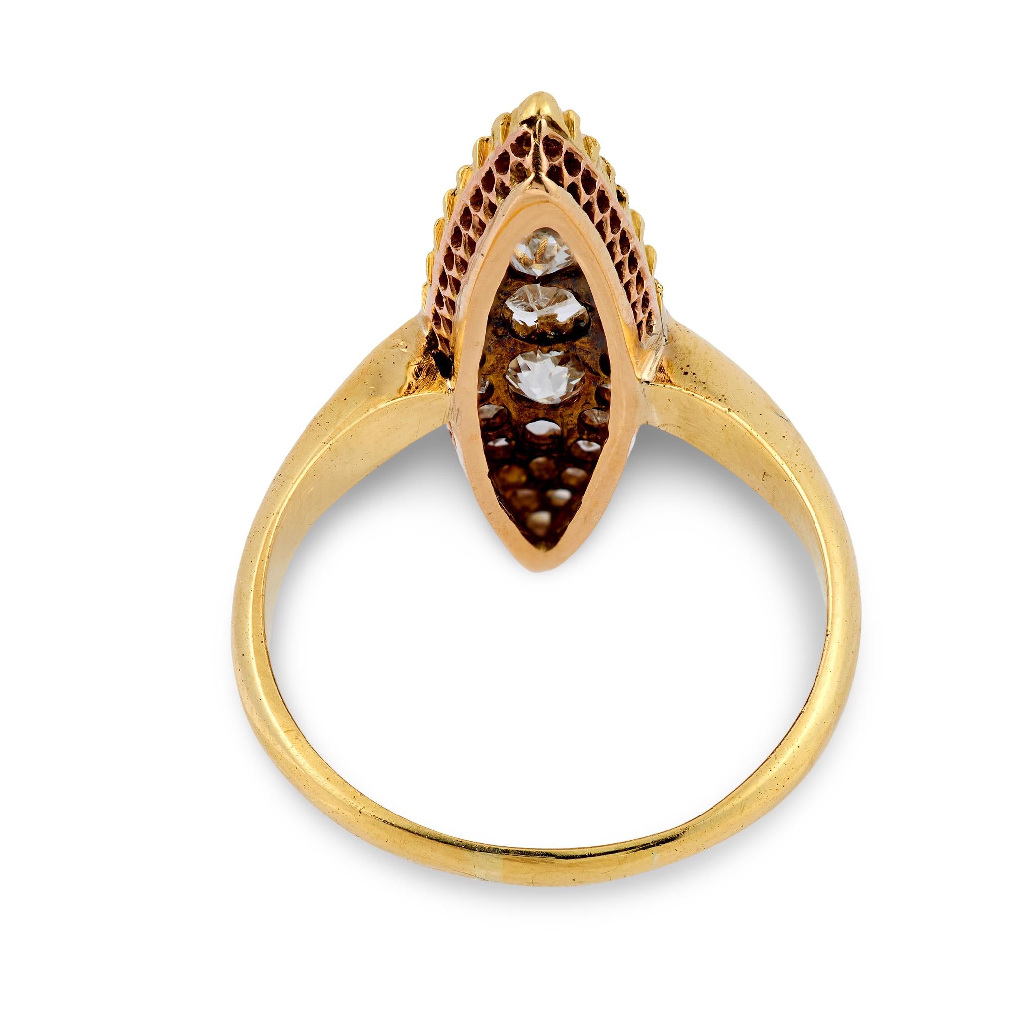 Victorian old cut diamond 18k yellow gold Navette ring