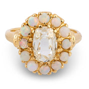 Victorian GIA 1.00 carat cushion cut diamond opal 18k yellow gold cluster ring