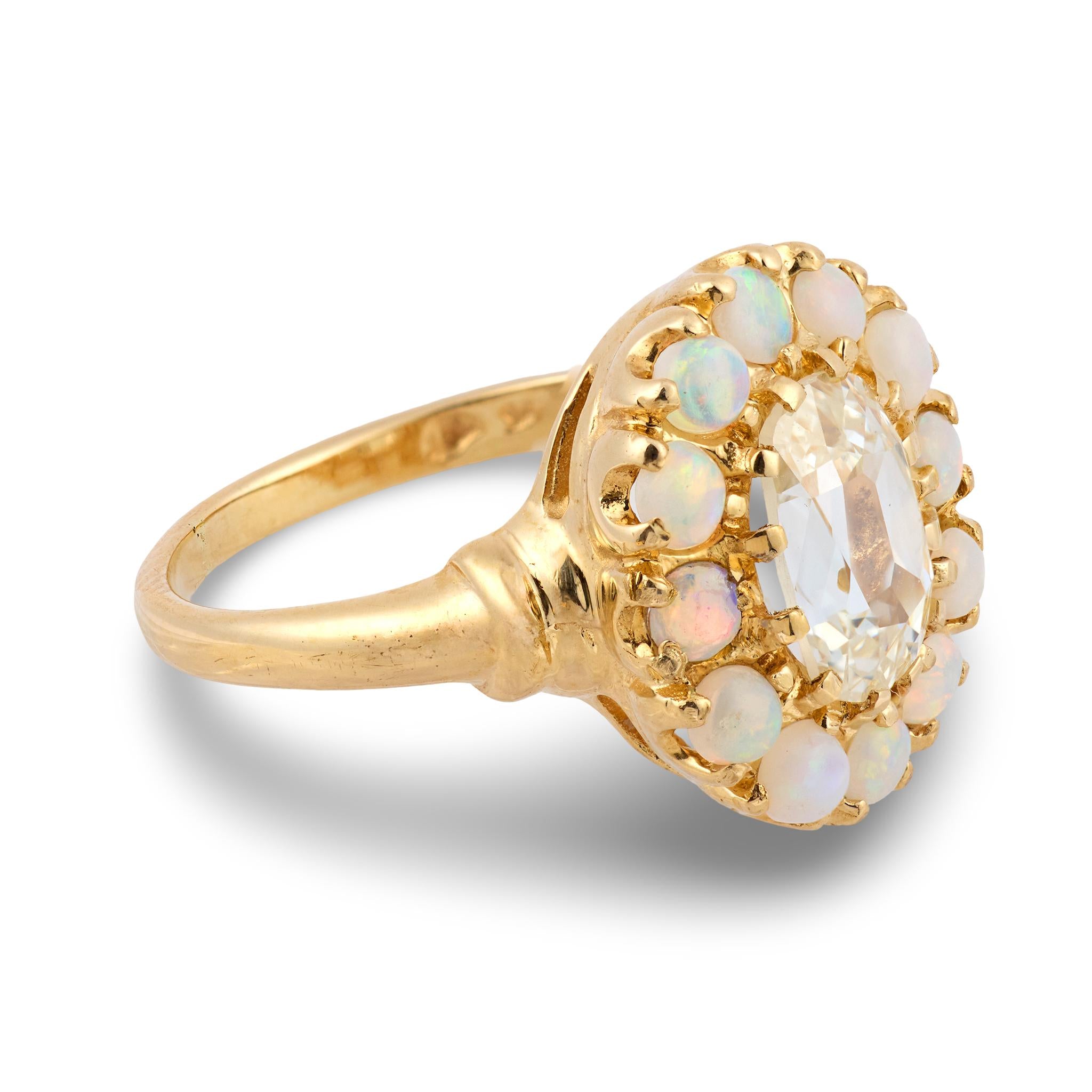 Victorian GIA 1.00 carat cushion cut diamond opal 18k yellow gold cluster ring
