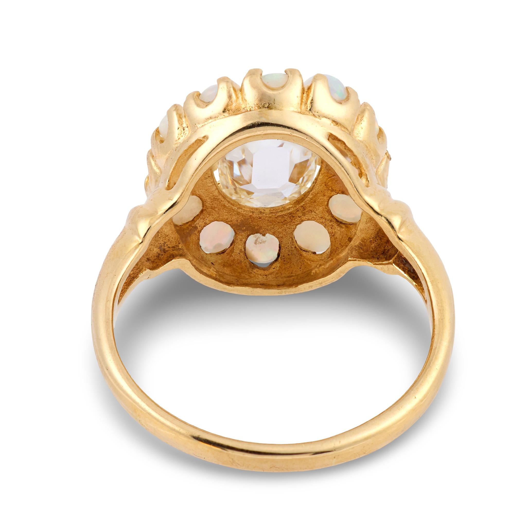 Victorian GIA 1.00 carat cushion cut diamond opal 18k yellow gold cluster ring