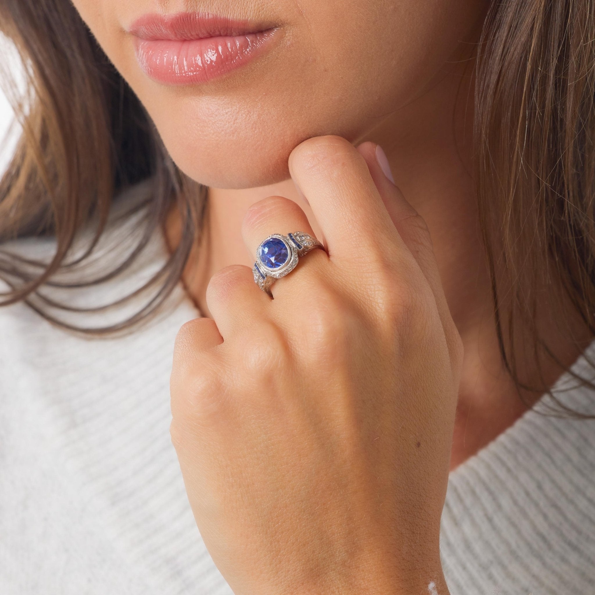 Art Deco no heat sapphire diamond platinum ring