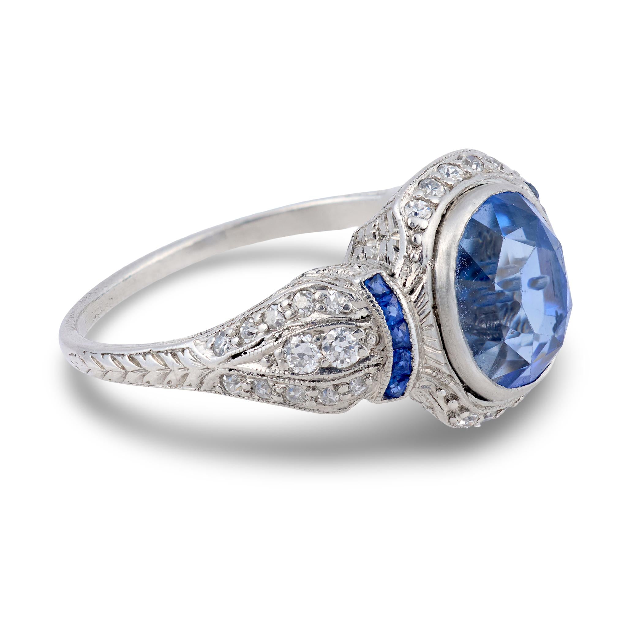 Art Deco no heat sapphire diamond platinum ring