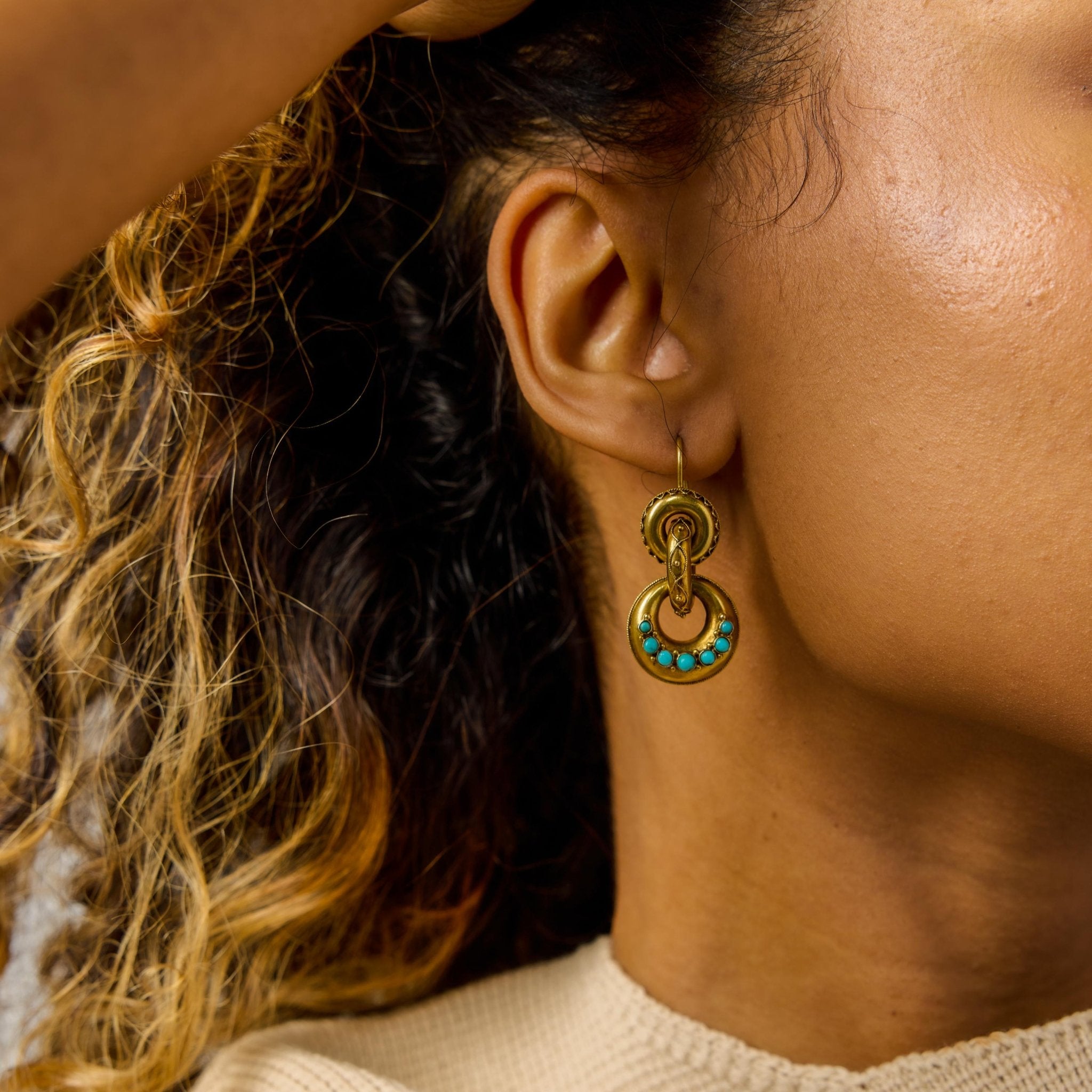 Victorian turquoise 15k yellow gold earrings