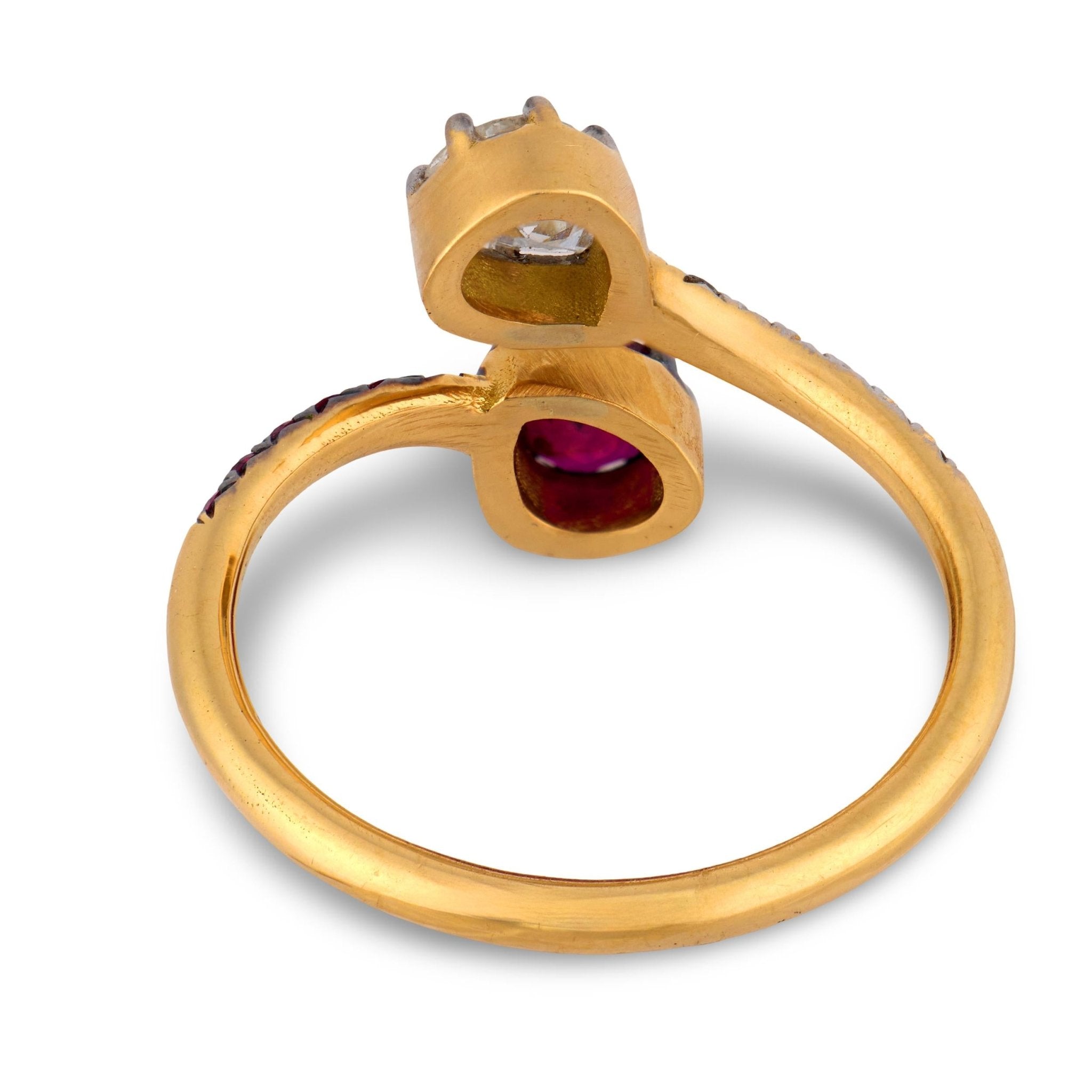 Antique inspired diamond ruby 18k gold toi et moi ring