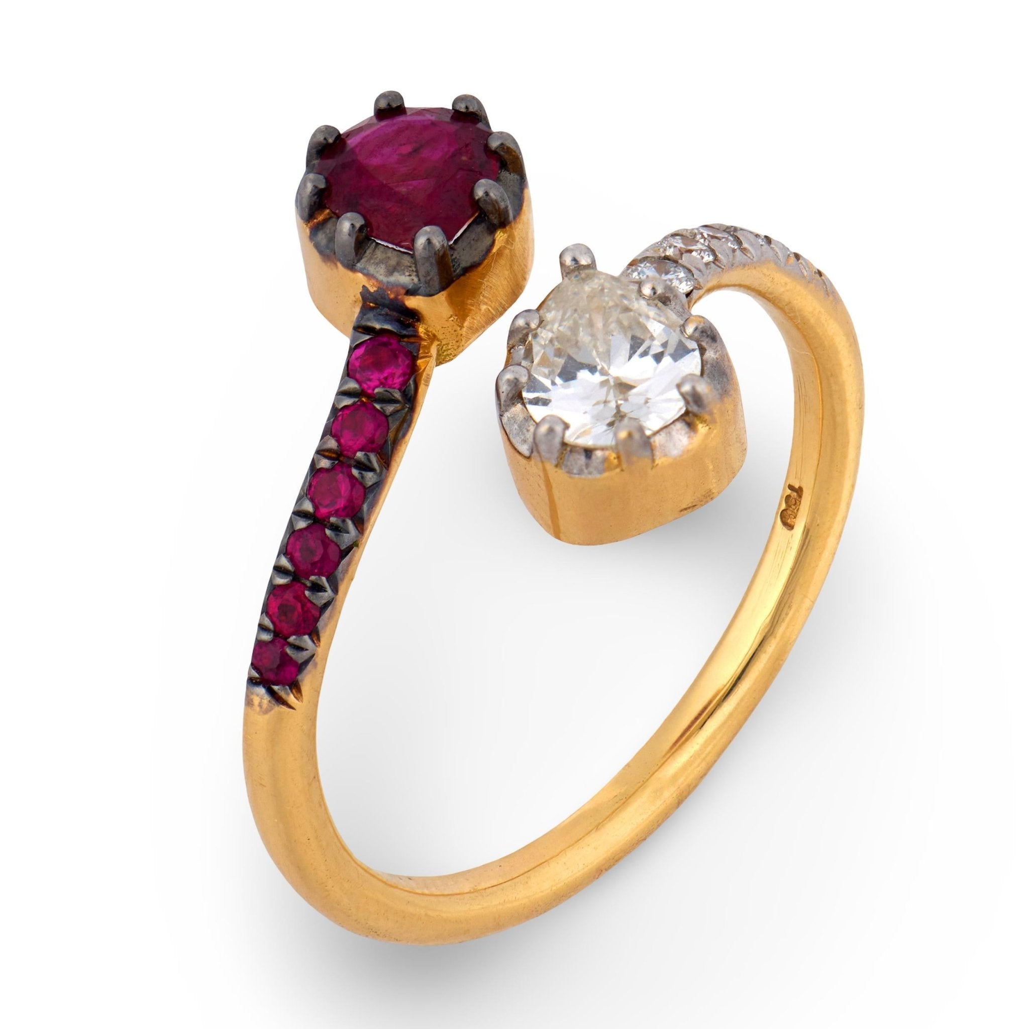 Antique inspired diamond ruby 18k gold toi et moi ring
