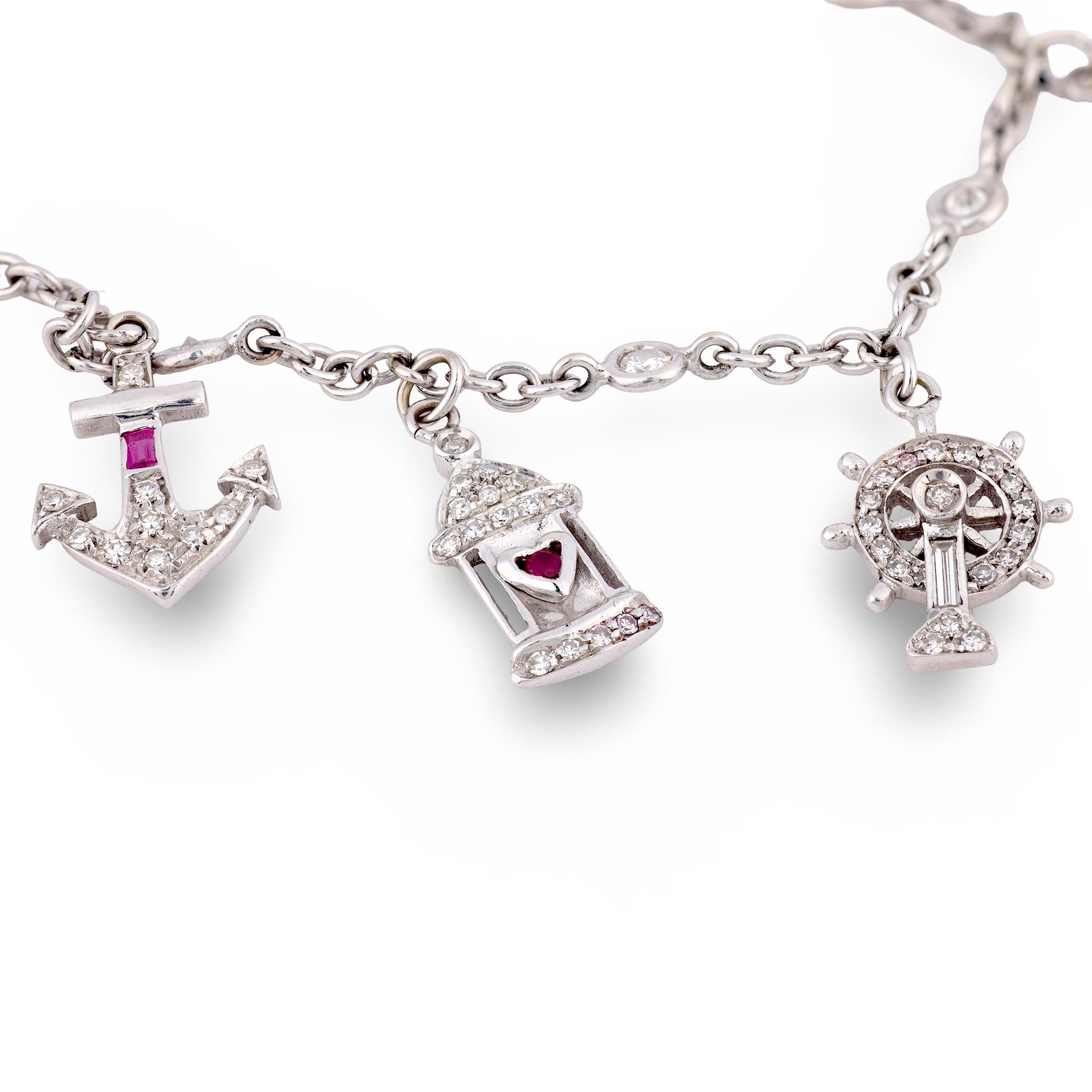 Vintage diamond ruby sapphire 18k white gold charm bracelet
