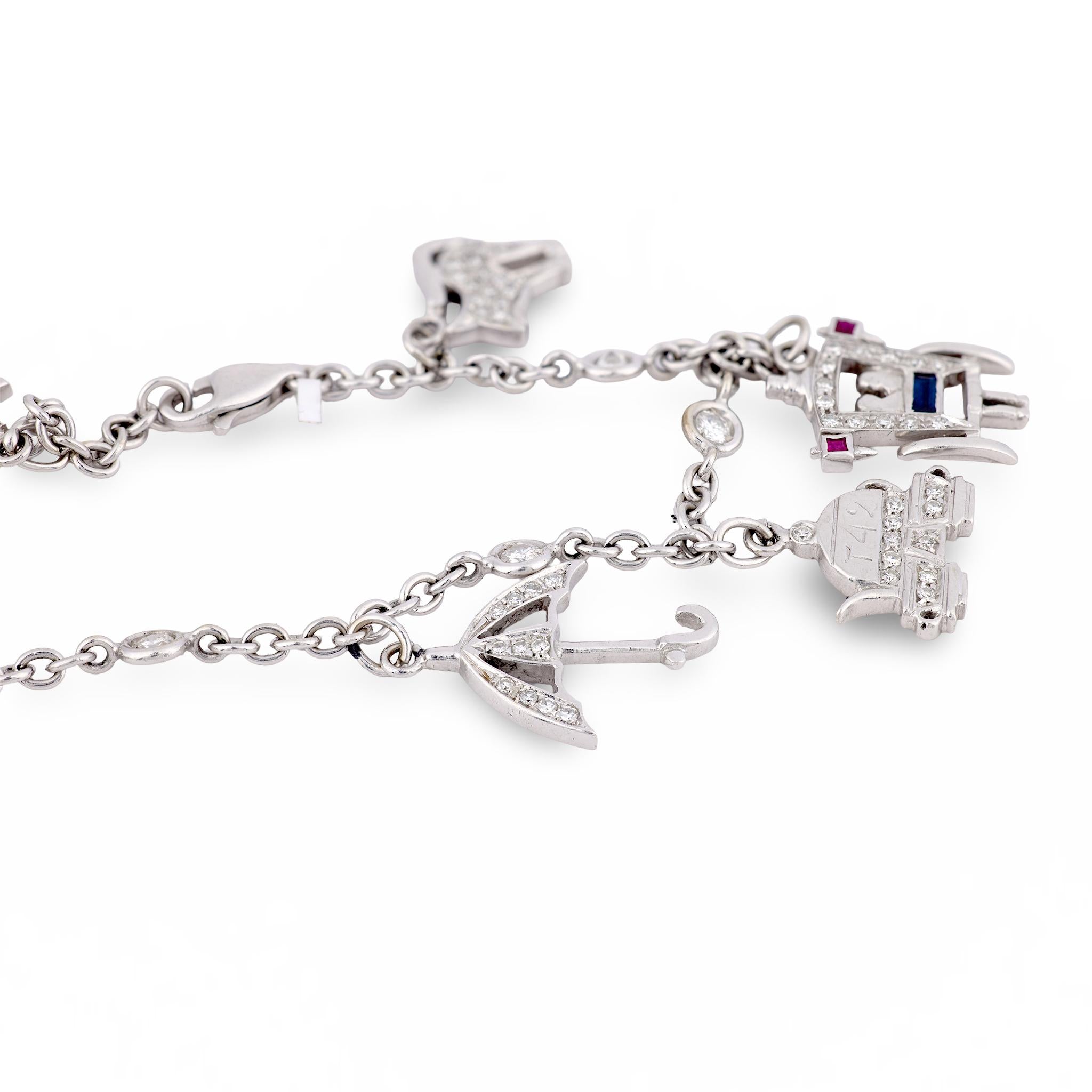 Vintage diamond ruby sapphire 18k white gold charm bracelet