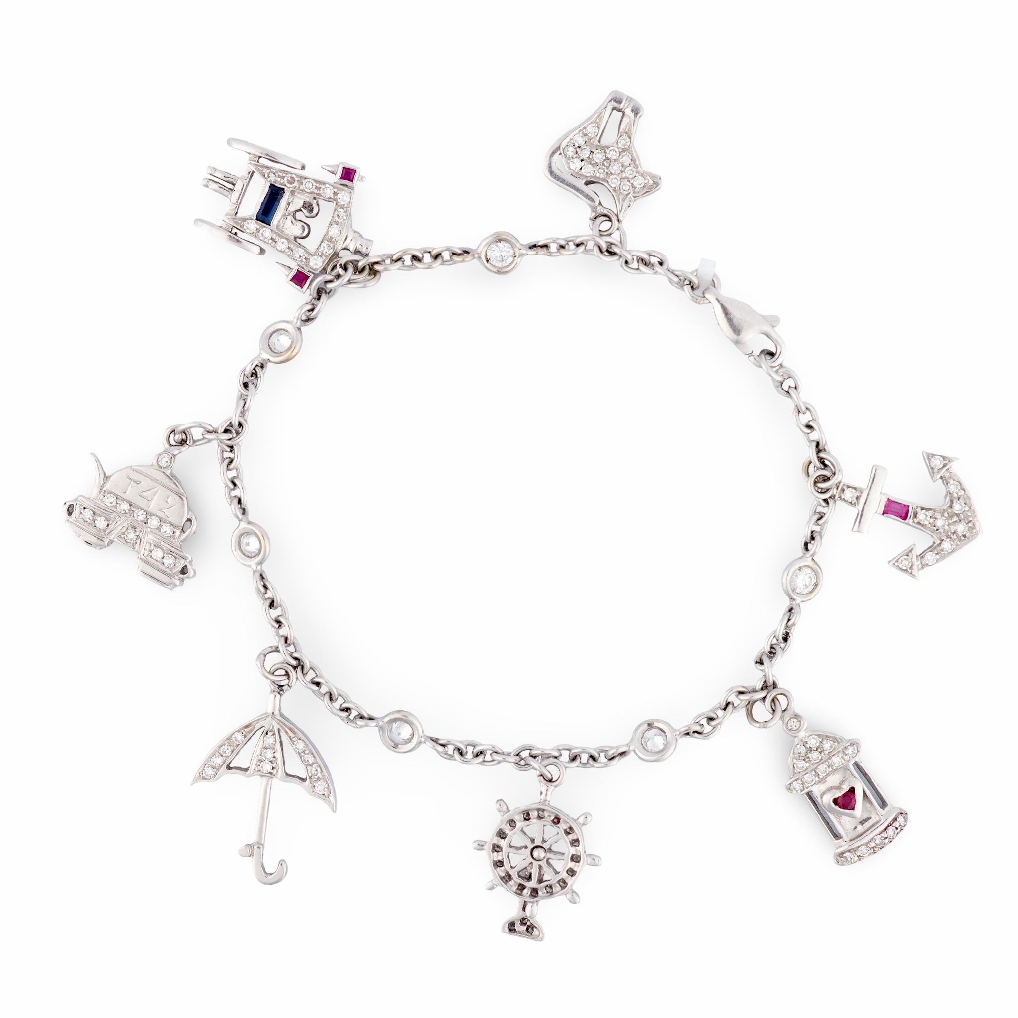 Vintage diamond ruby sapphire 18k white gold charm bracelet