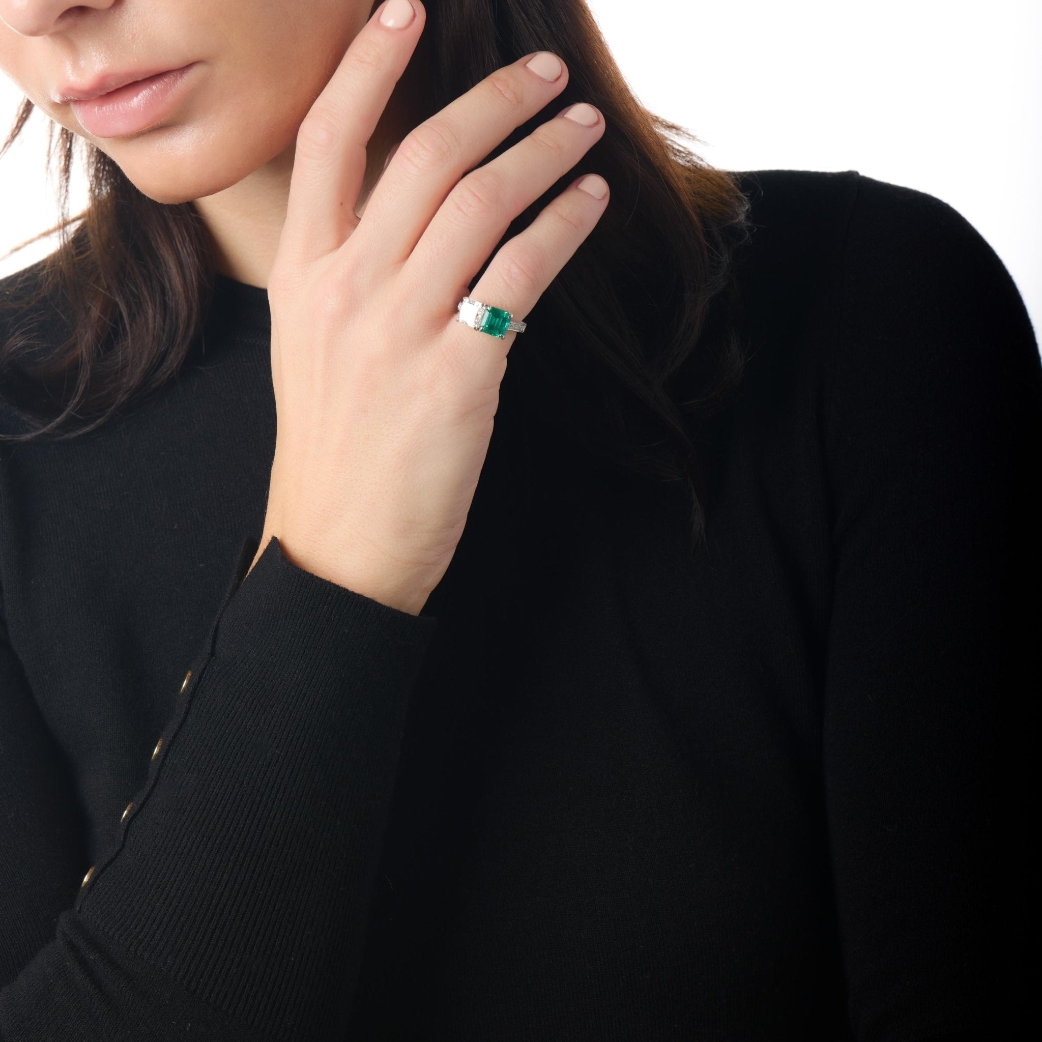 GIA 2.70 ct diamond AGL 2.58 ct Colombia No Oil emerald platinum Toi Et Moi ring