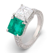 GIA 2.70 ct diamond AGL 2.58 ct Colombia No Oil emerald platinum Toi Et Moi ring