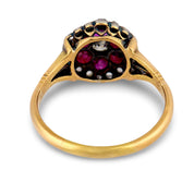 Victorian ruby diamond cluster 18k yellow gold silver ring