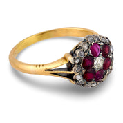 Victorian ruby diamond cluster 18k yellow gold silver ring
